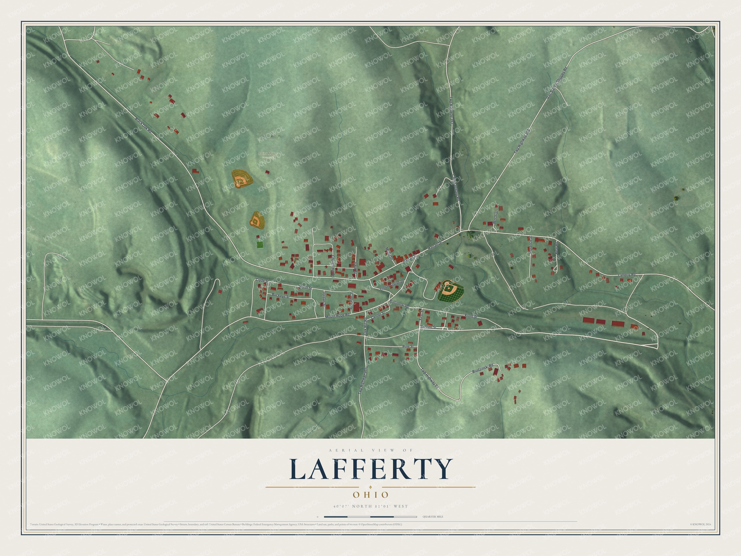 Full map of Lafferty, Ohio, with red buildings, printed street names and the land around them