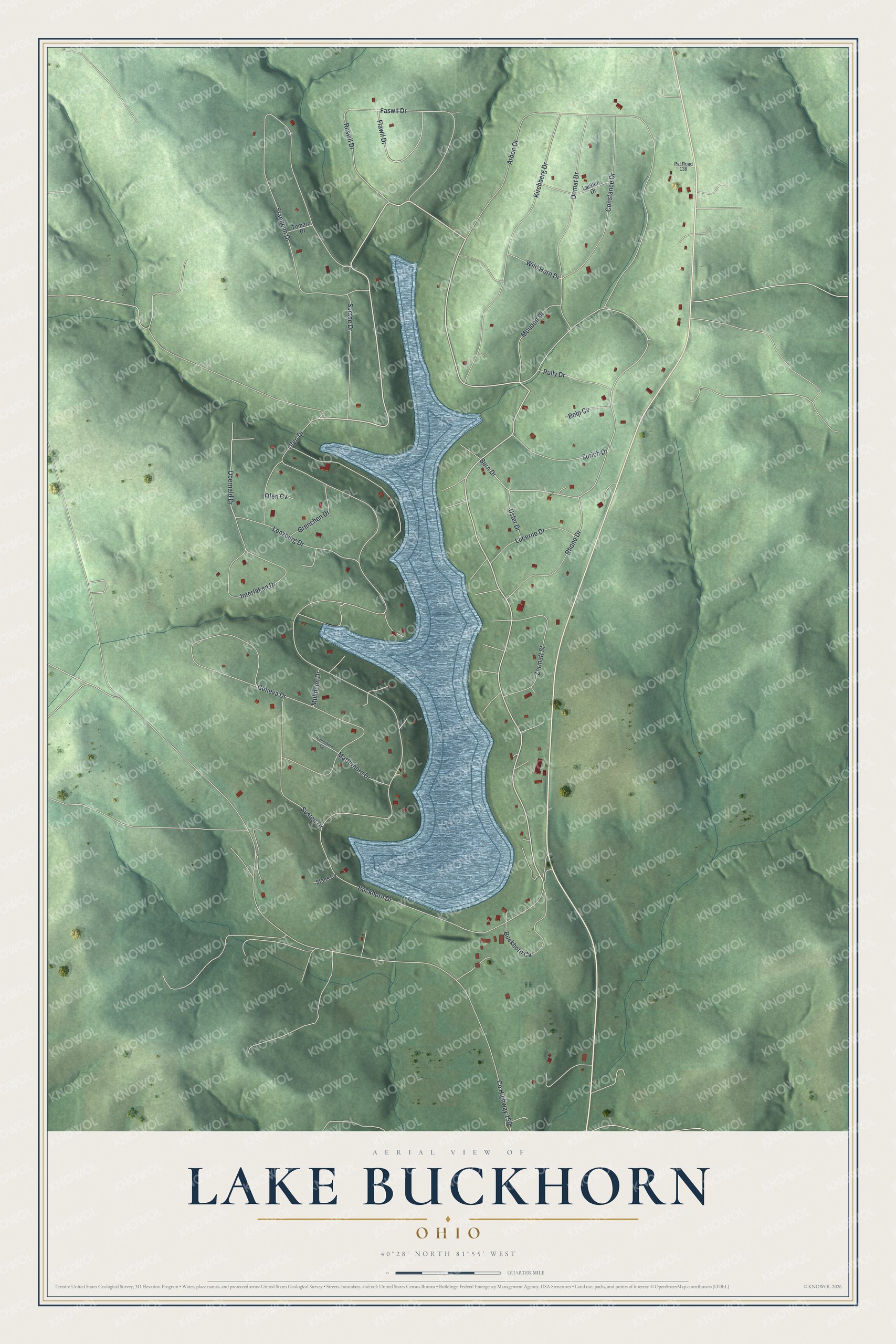 Full map of Lake Buckhorn, Ohio, with red buildings, printed street names and the land around them