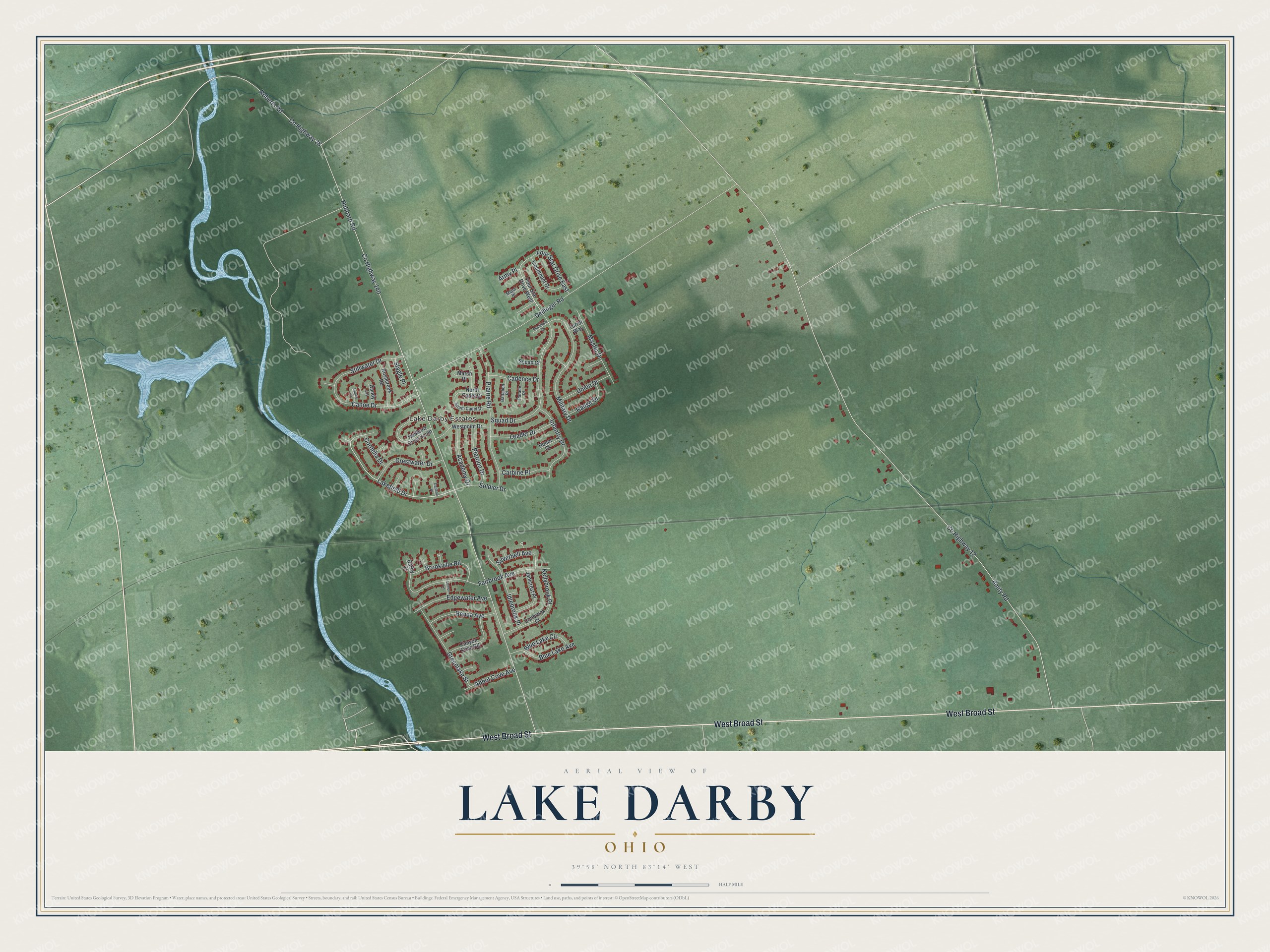 Full map of Lake Darby, Ohio, with red buildings, printed street names and the land around them