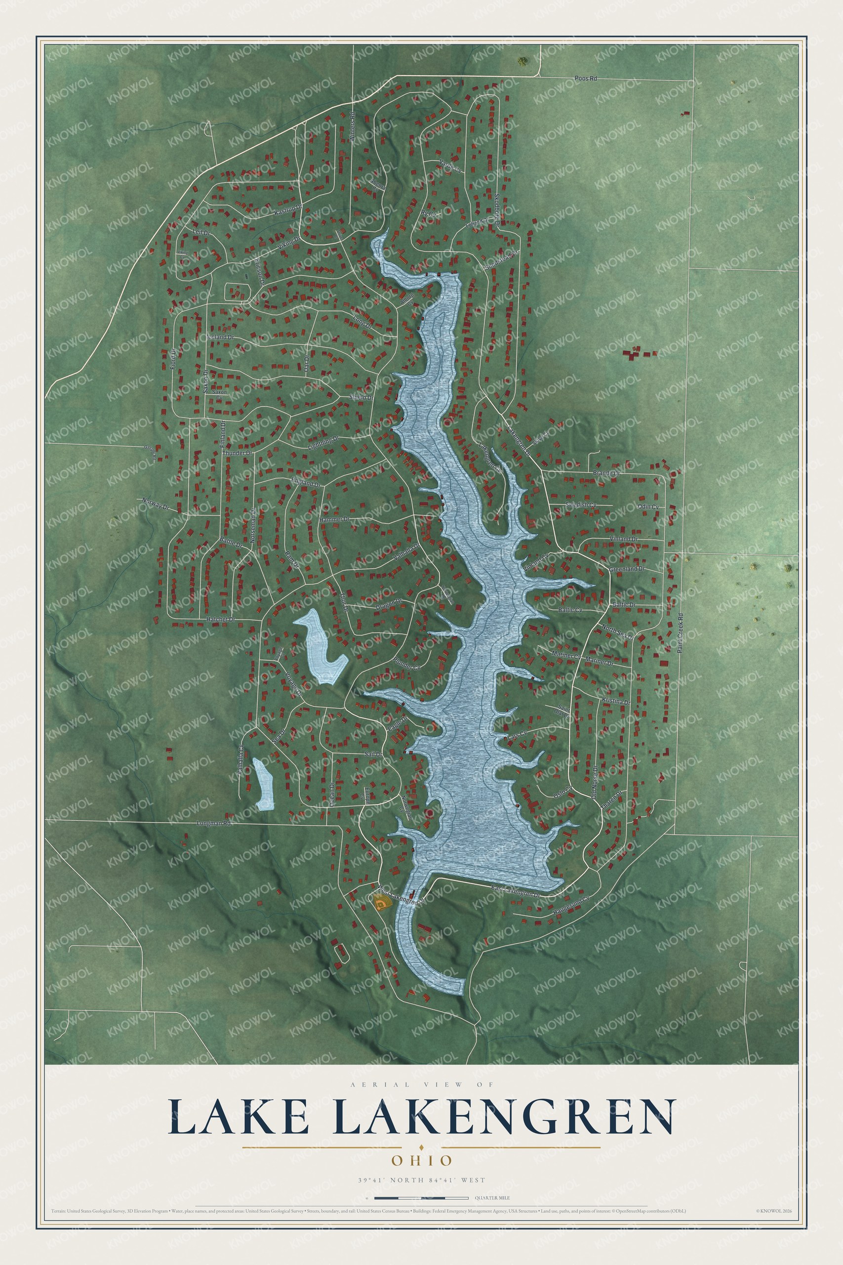 Full map of Lake Lakengren, Ohio, with red buildings, printed street names and the land around them