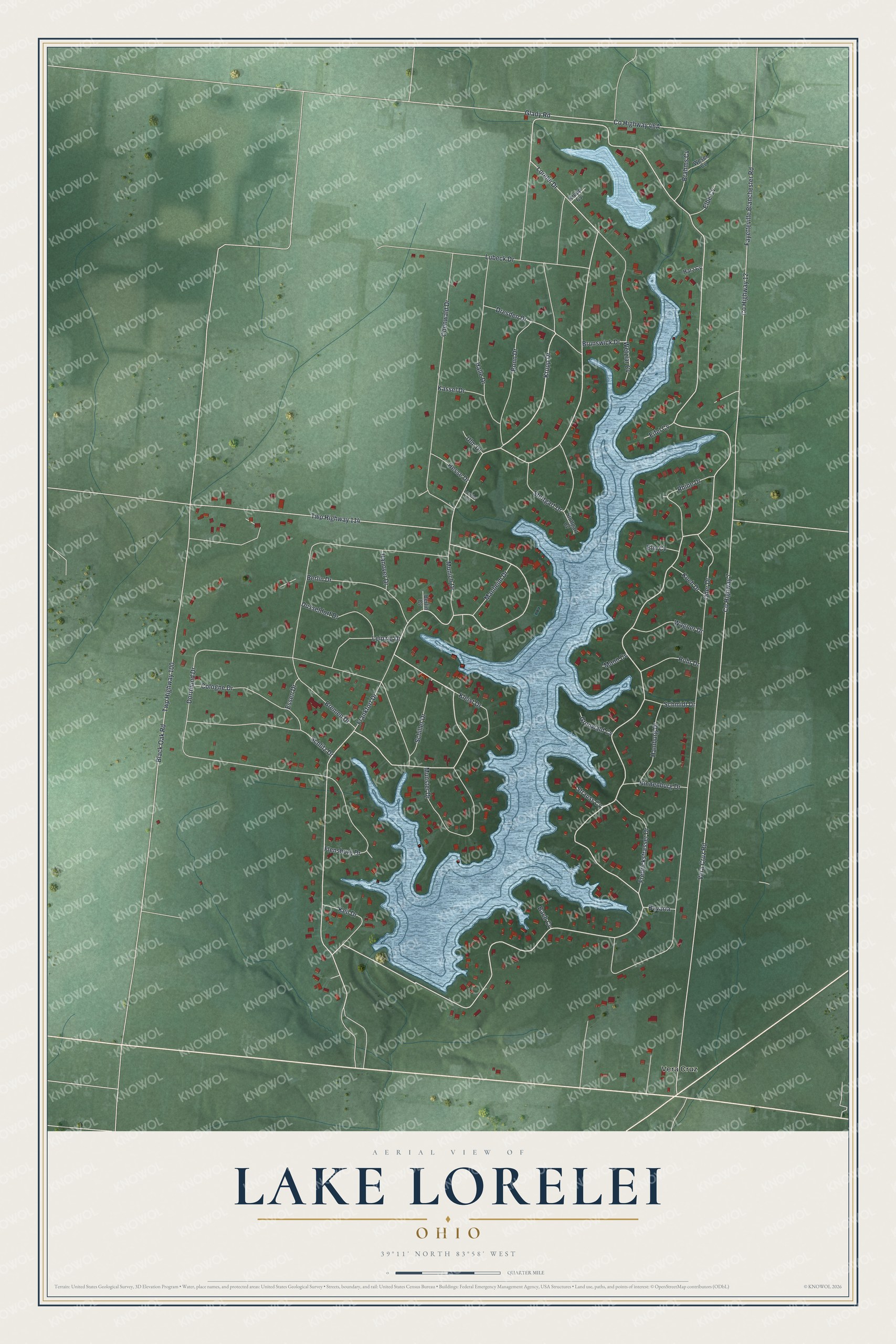 Full map of Lake Lorelei, Ohio, with red buildings, printed street names and the land around them