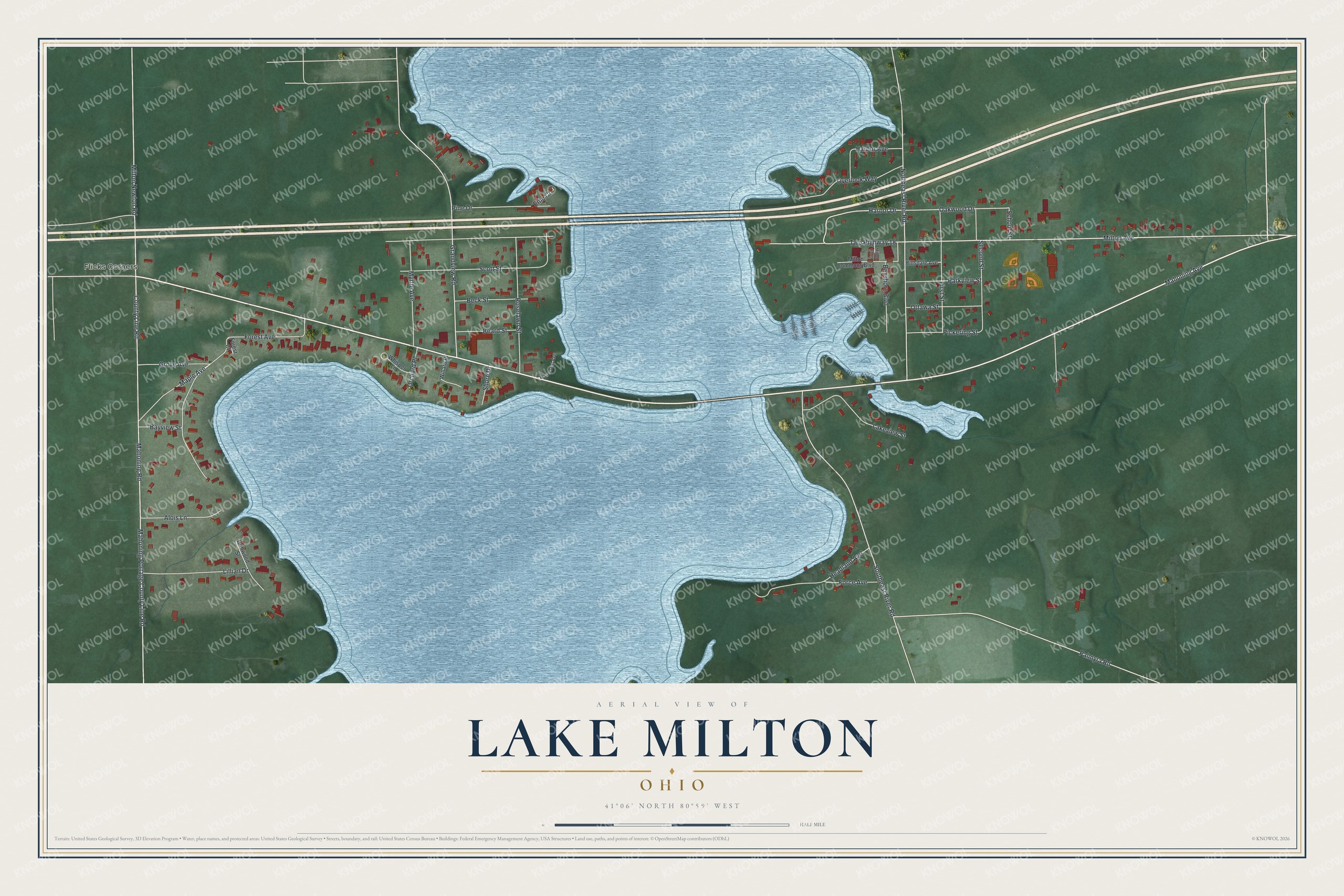 Full map of Lake Milton, Ohio, with red buildings, printed street names and the land around them