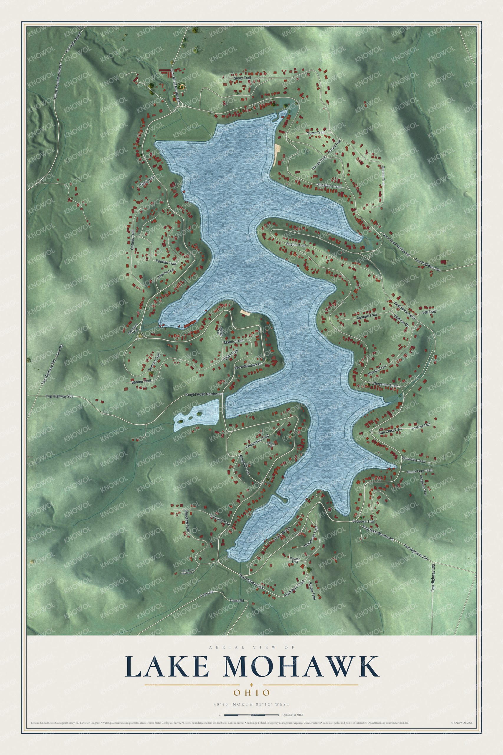 Full map of Lake Mohawk, Ohio, with red buildings, printed street names and the land around them