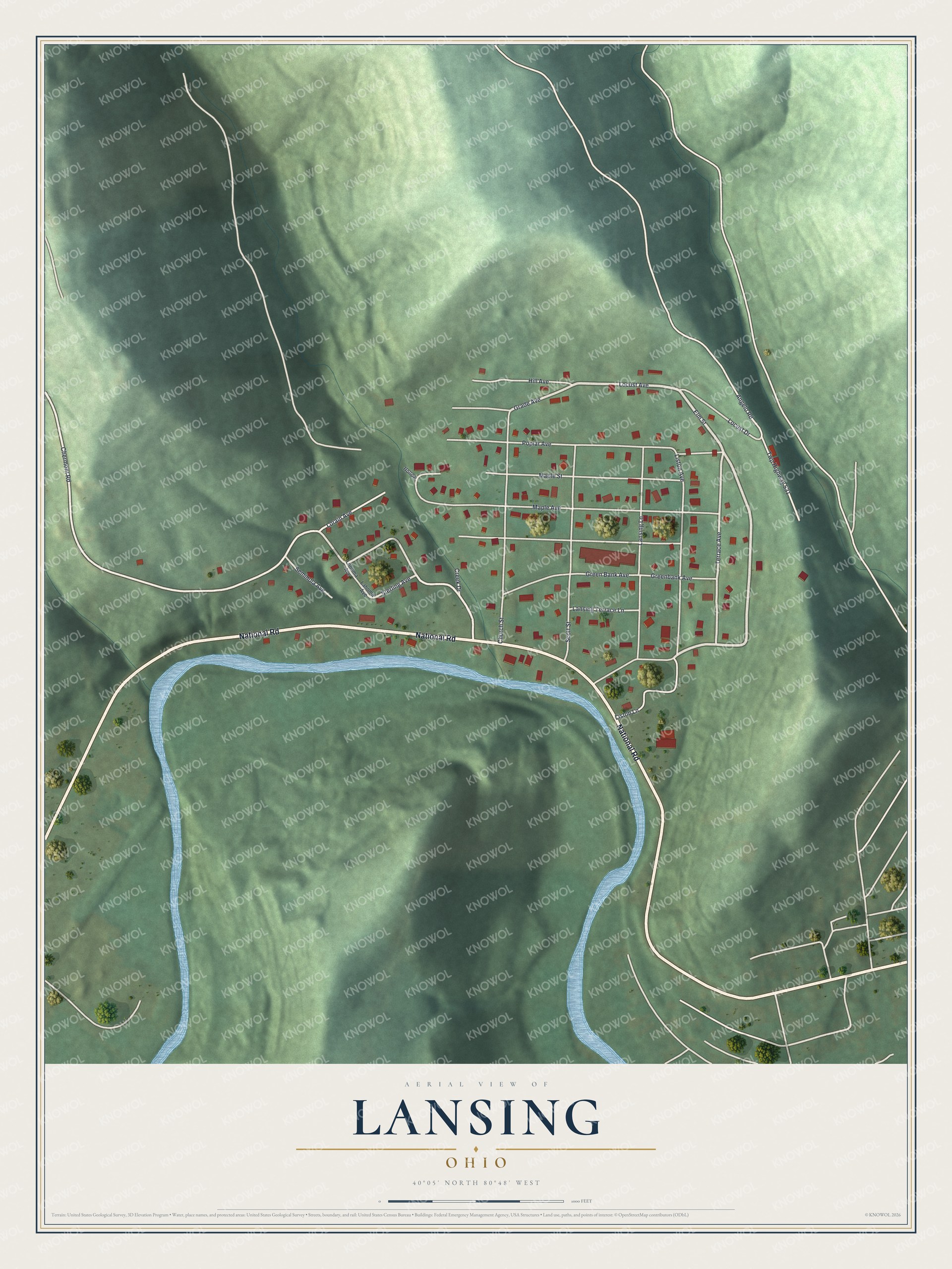 Full map of Lansing, Ohio, with red buildings, printed street names and the land around them