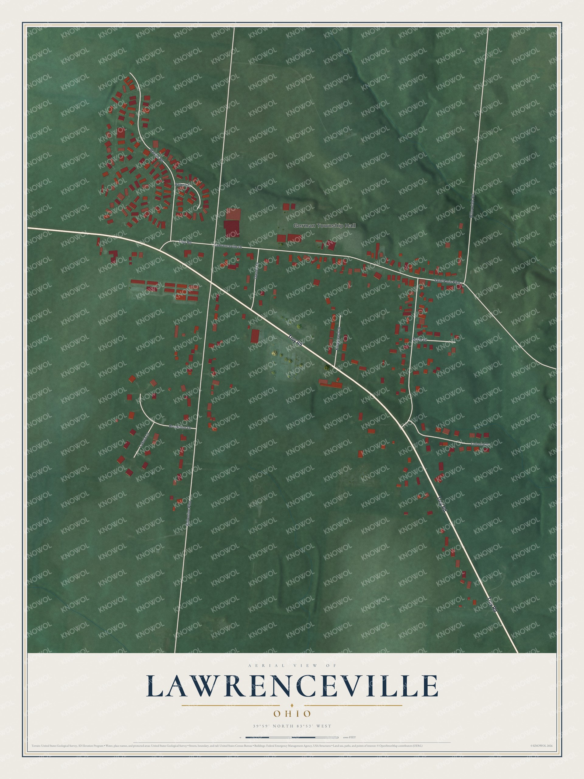 Full map of Lawrenceville, Ohio, with red buildings, printed street names and the land around them