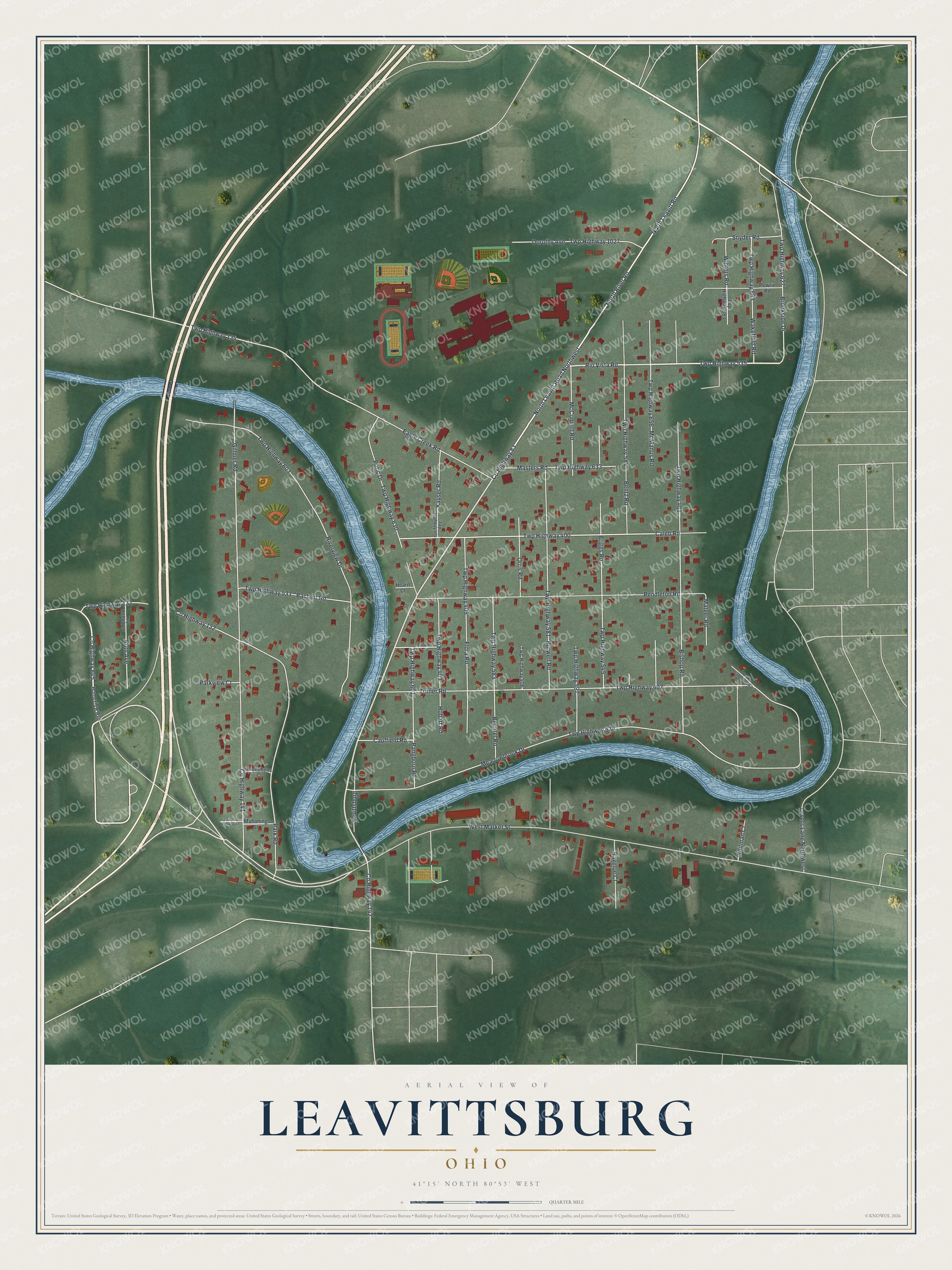 Full map of Leavittsburg, Ohio, with red buildings, printed street names and the land around them