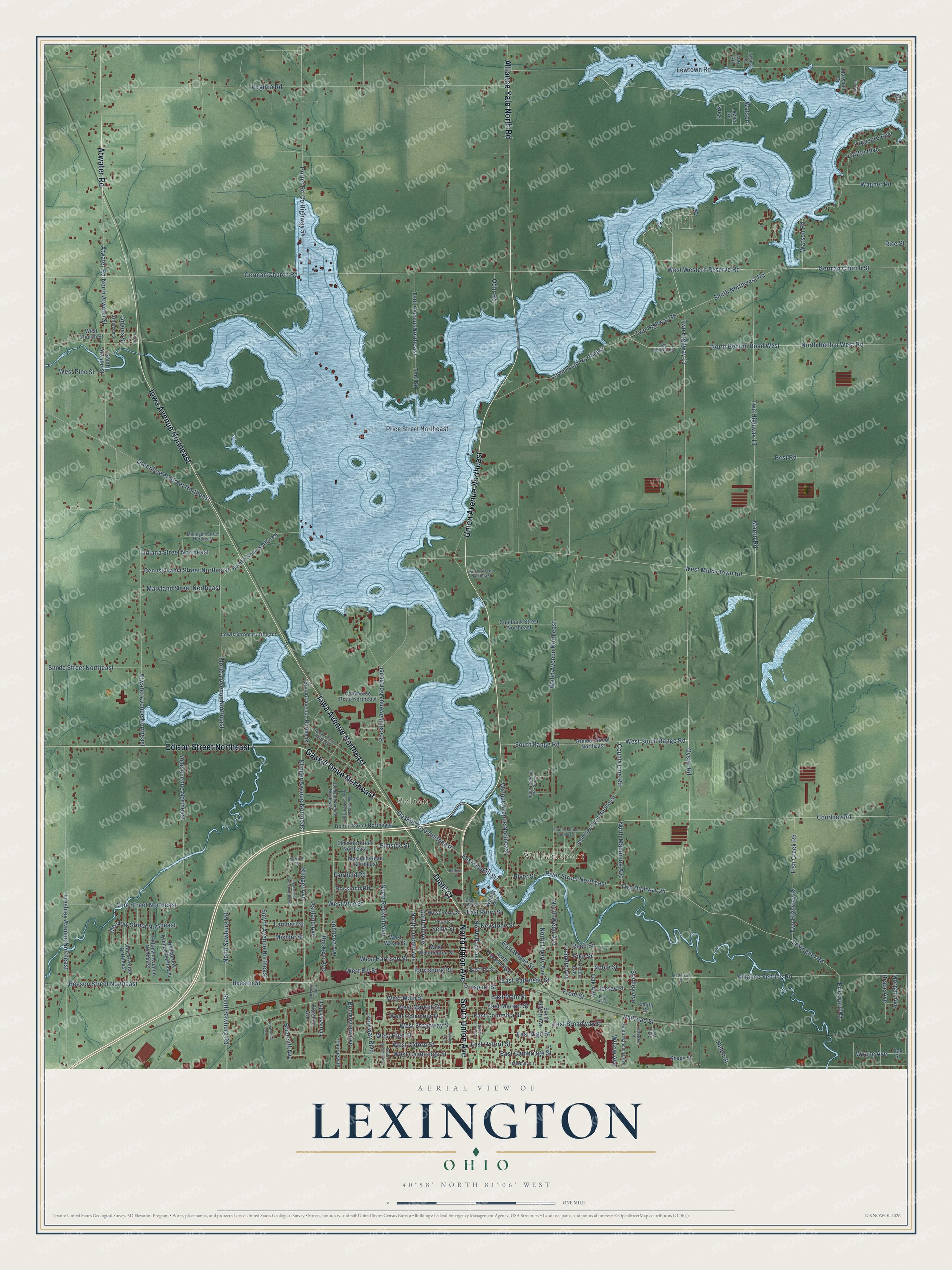 Full map of Lexington, Ohio, with red buildings, printed street names and the land around them
