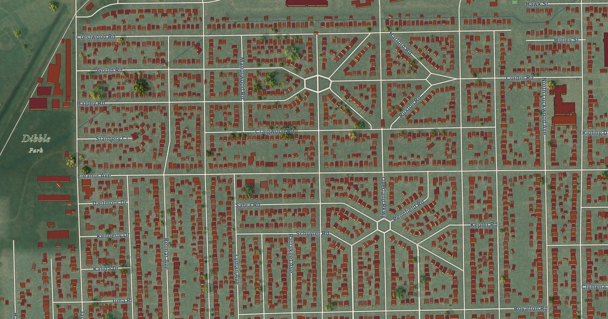 Close-up of streets and buildings in Library Village, Ohio