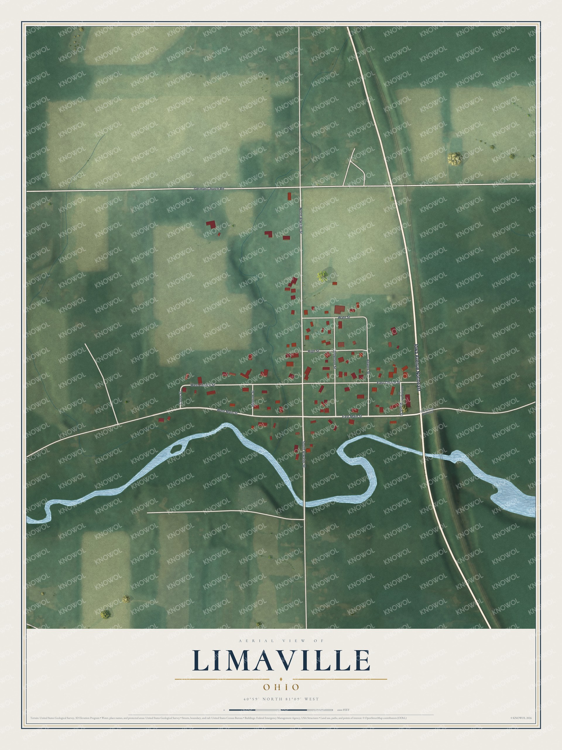 Full map of Limaville, Ohio, with red buildings, printed street names and the land around them