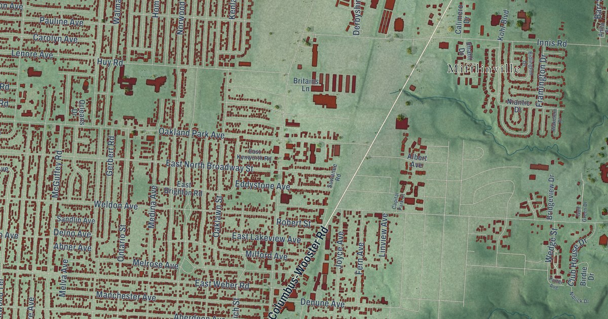 Close-up of streets and buildings in Linden, Ohio
