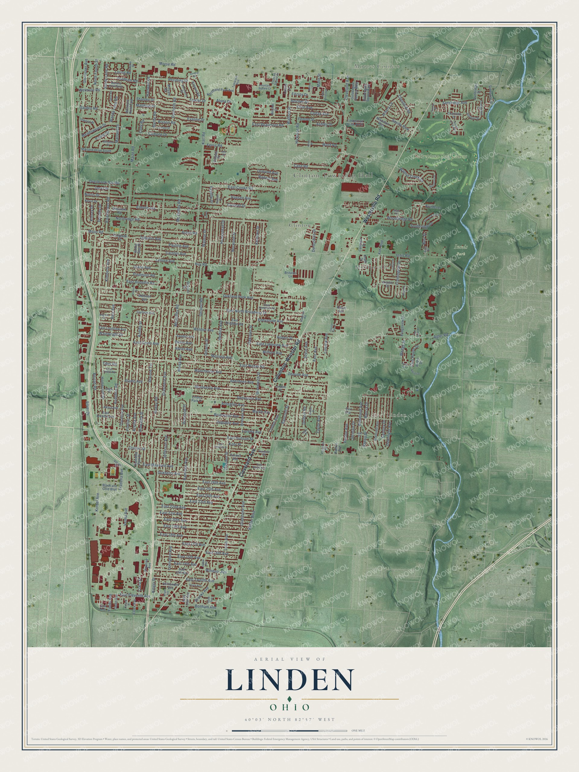 Full map of Linden, Ohio, with red buildings, printed street names and the land around them