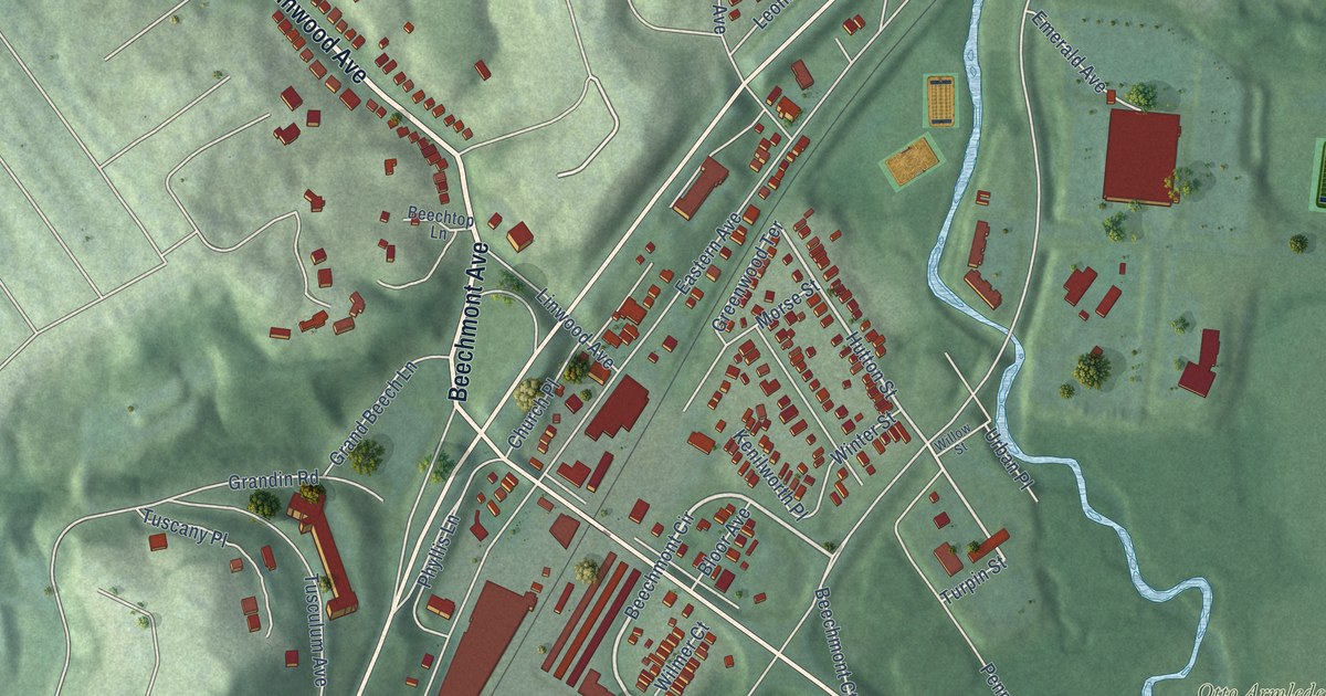 Close-up of streets and buildings in Linwood, Ohio