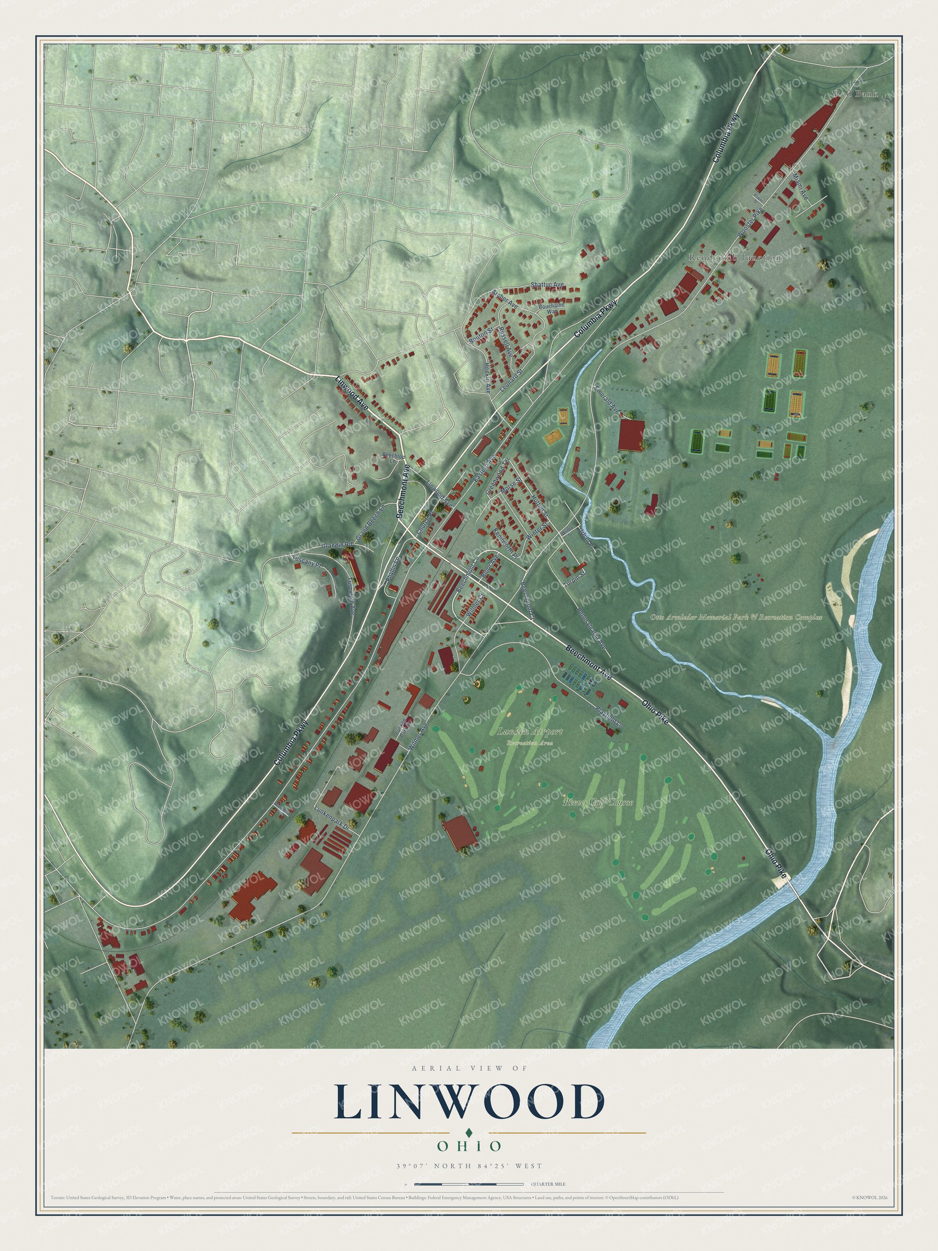 Full map of Linwood, Ohio, with red buildings, printed street names and the land around them