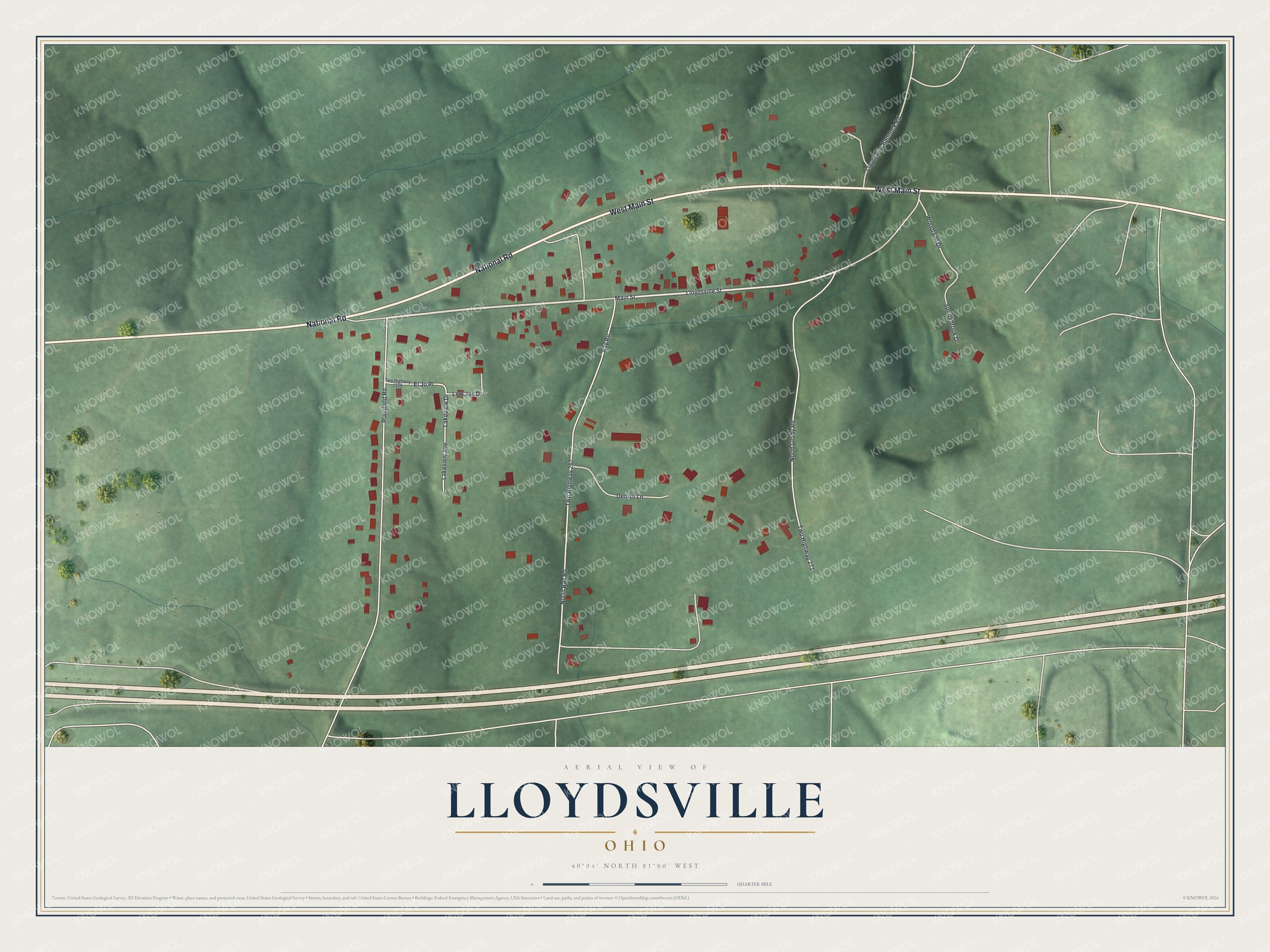 Full map of Lloydsville, Ohio, with red buildings, printed street names and the land around them