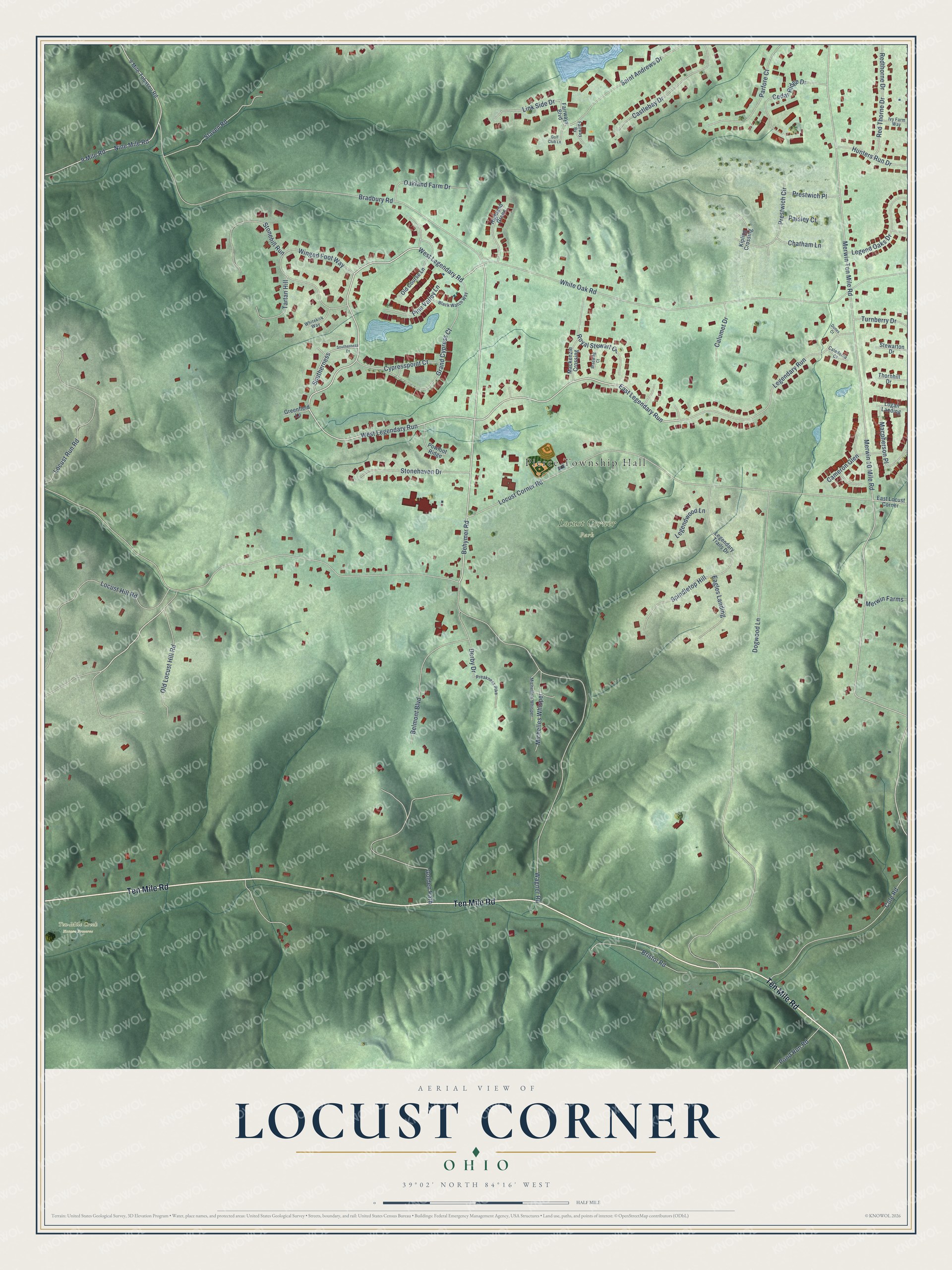 Full map of Locust Corner, Ohio, with red buildings, printed street names and the land around them