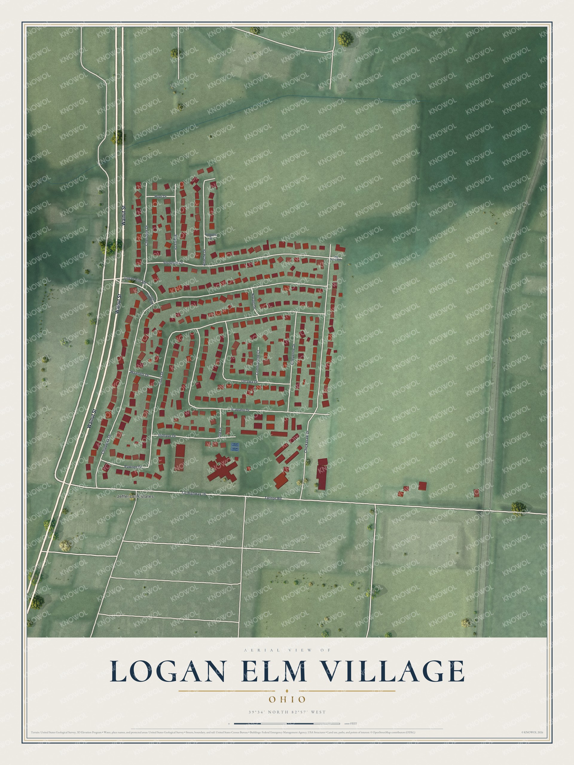 Full map of Logan Elm Village, Ohio, with red buildings, printed street names and the land around them