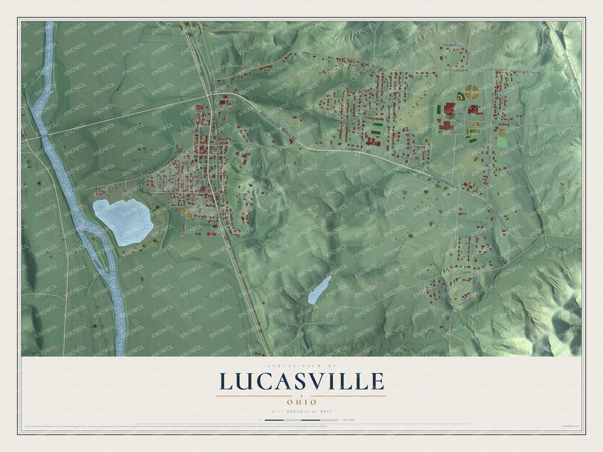 Full map of Lucasville, Ohio, with red buildings, printed street names and the land around them