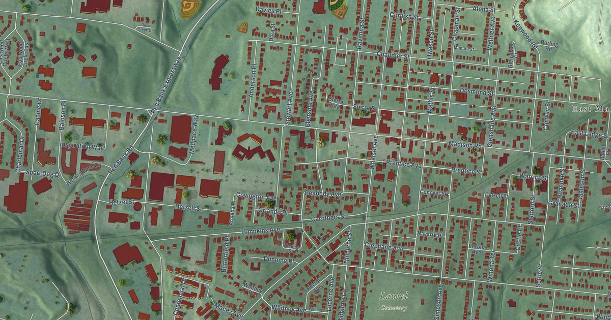Close-up of streets and buildings in Madisonville, Ohio