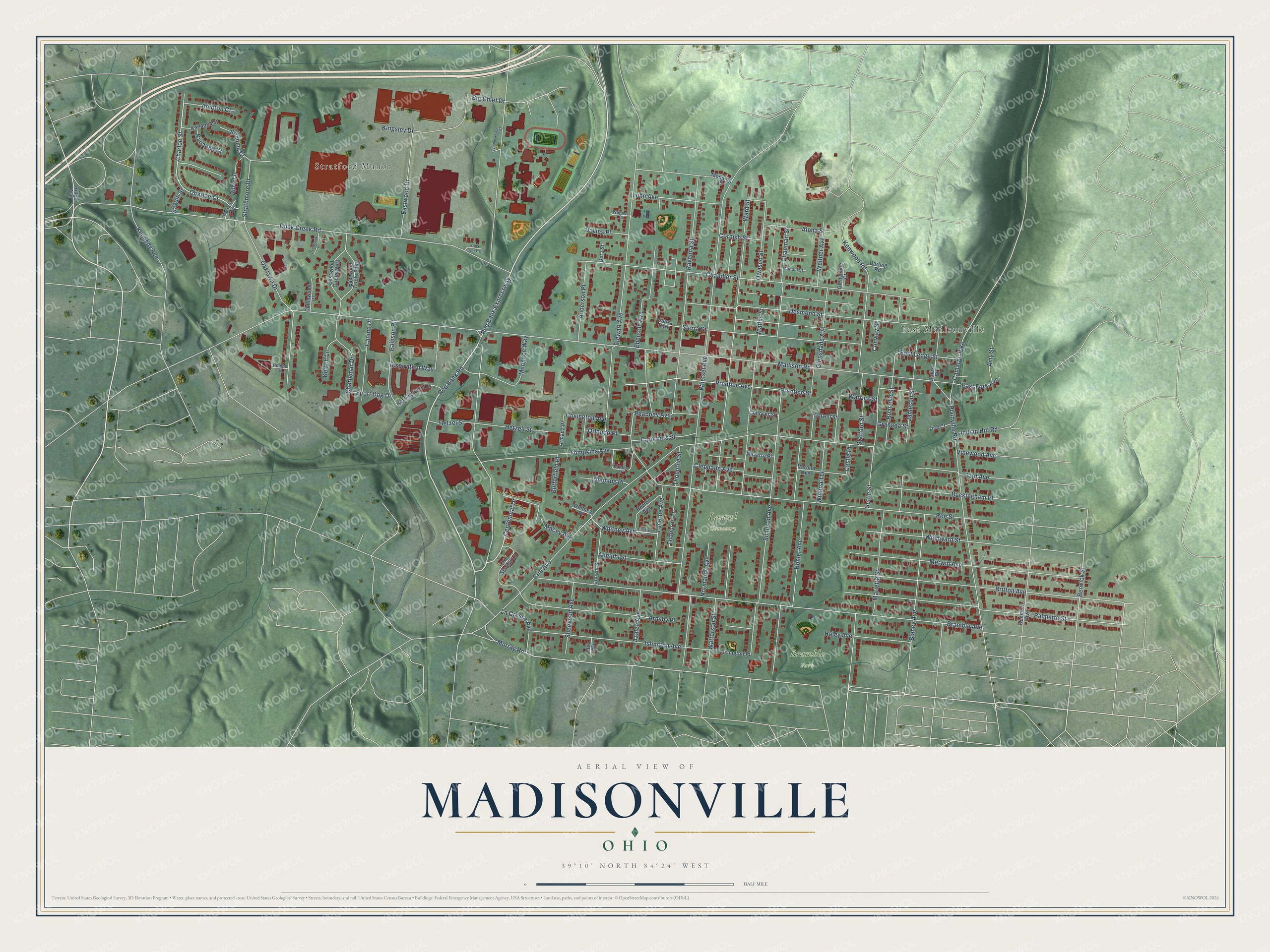 Full map of Madisonville, Ohio, with red buildings, printed street names and the land around them