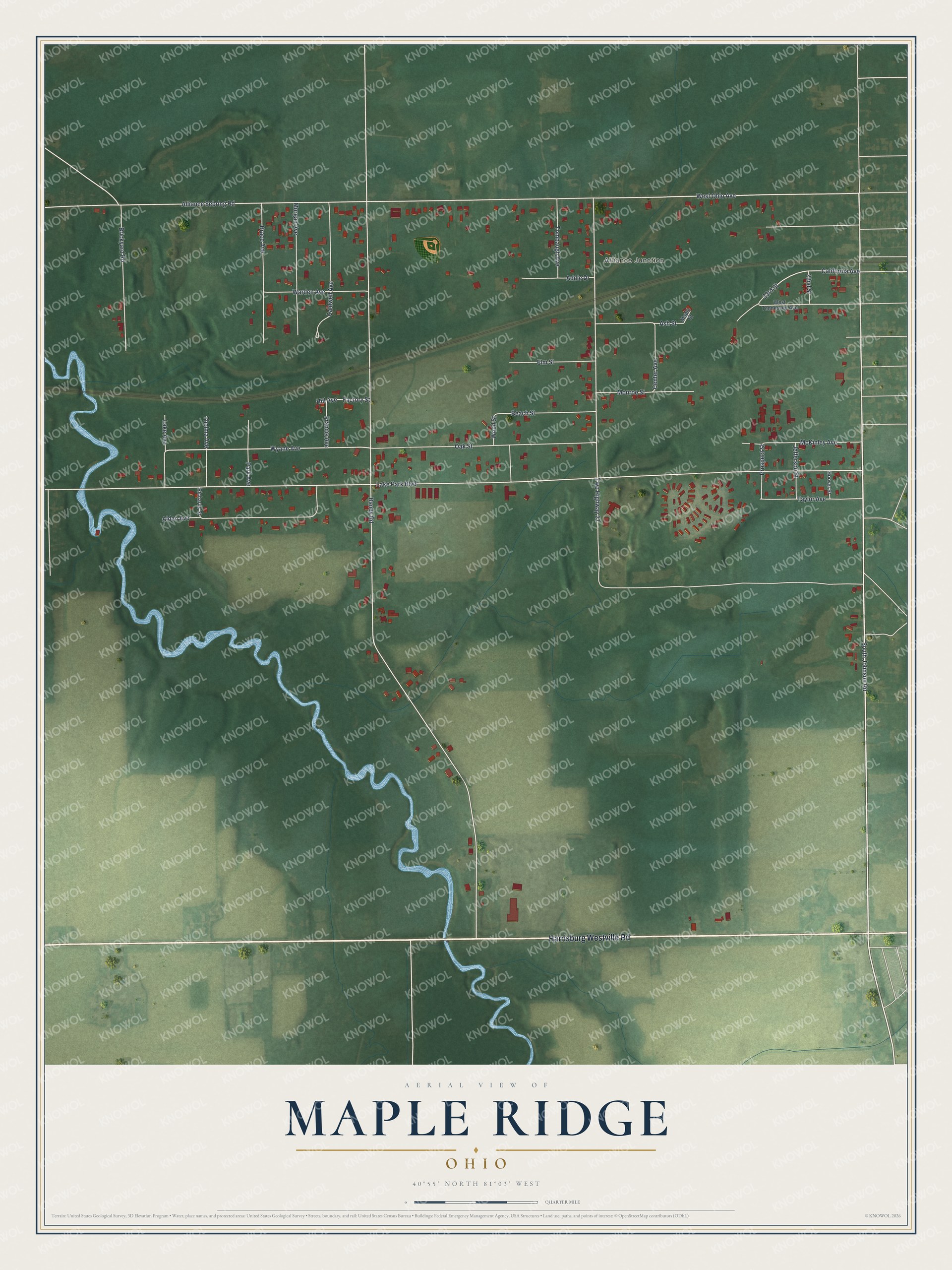 Full map of Maple Ridge, Ohio, with red buildings, printed street names and the land around them