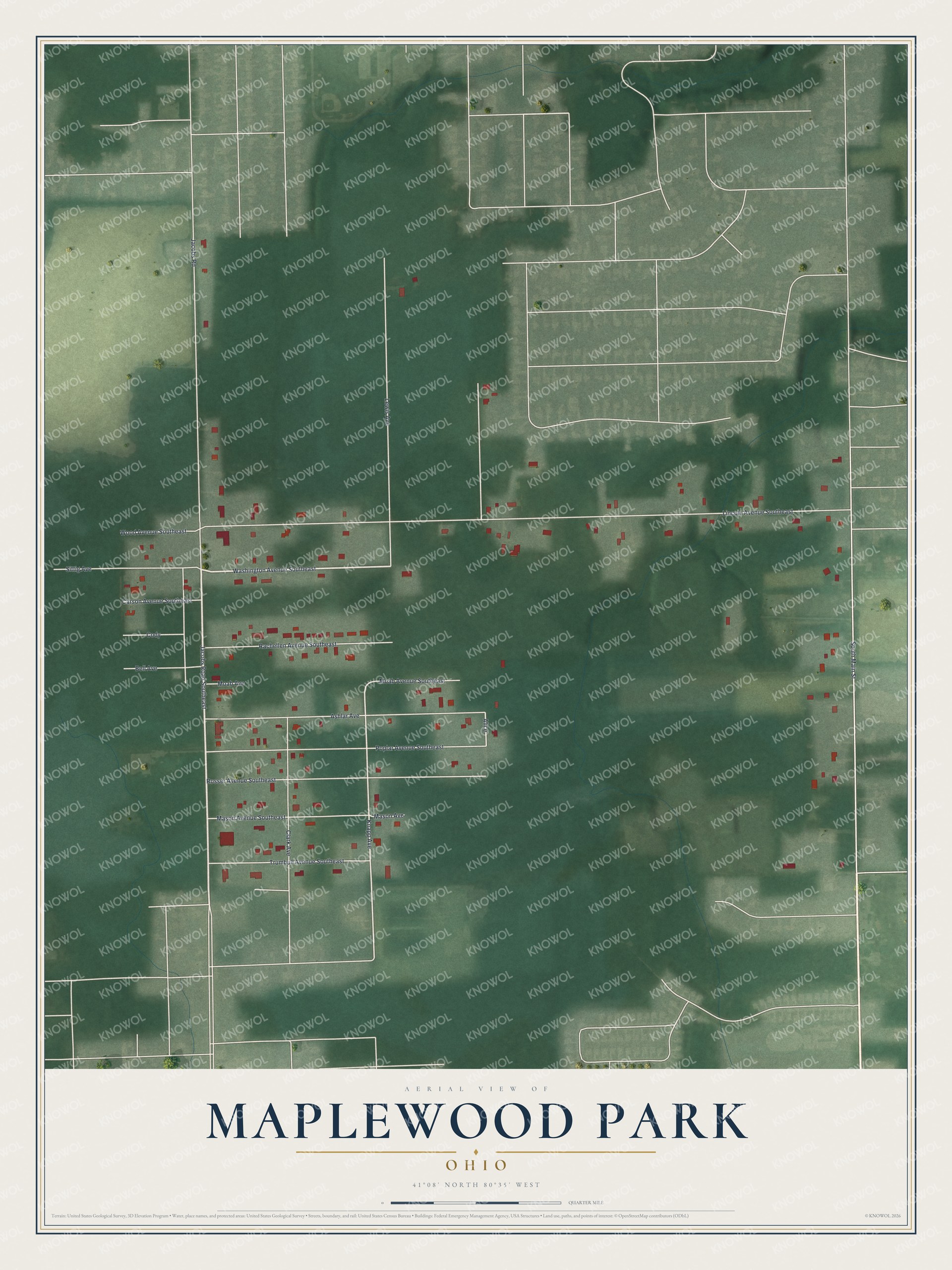 Full map of Maplewood Park, Ohio, with red buildings, printed street names and the land around them