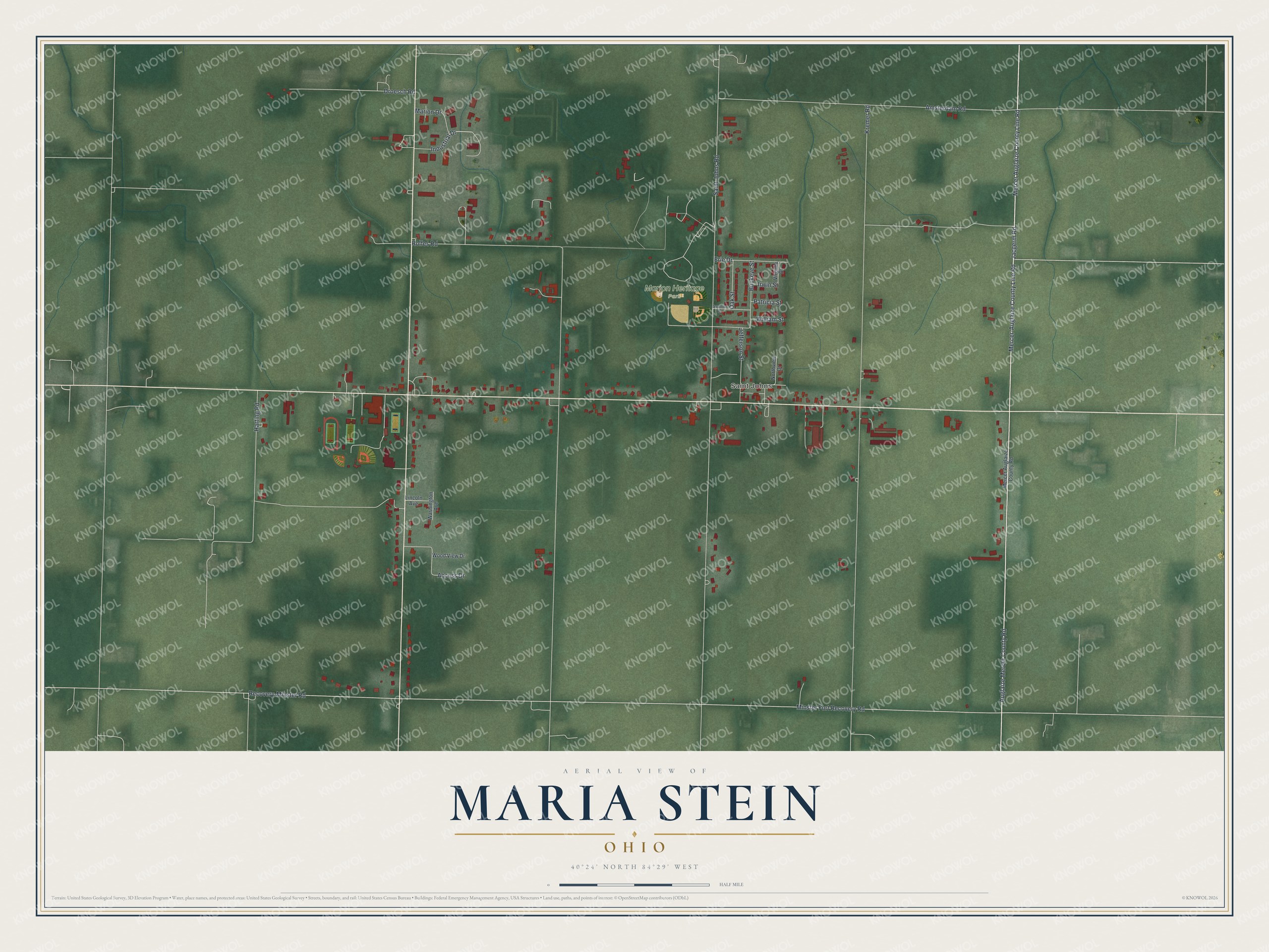 Full map of Maria Stein, Ohio, with red buildings, printed street names and the land around them