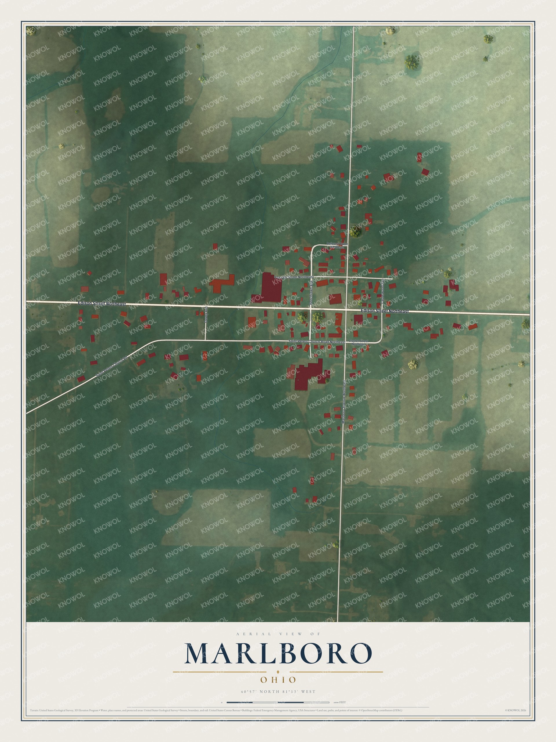 Full map of Marlboro, Ohio, with red buildings, printed street names and the land around them