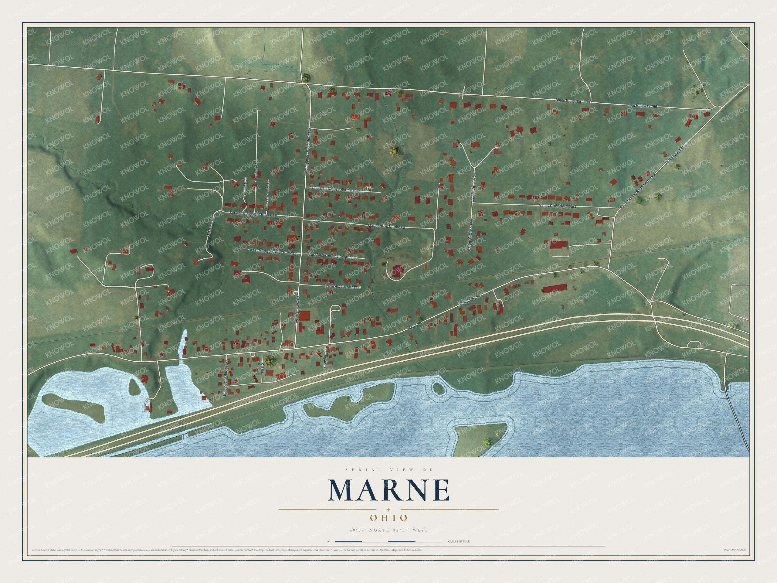 Full map of Marne, Ohio, with red buildings, printed street names and the land around them