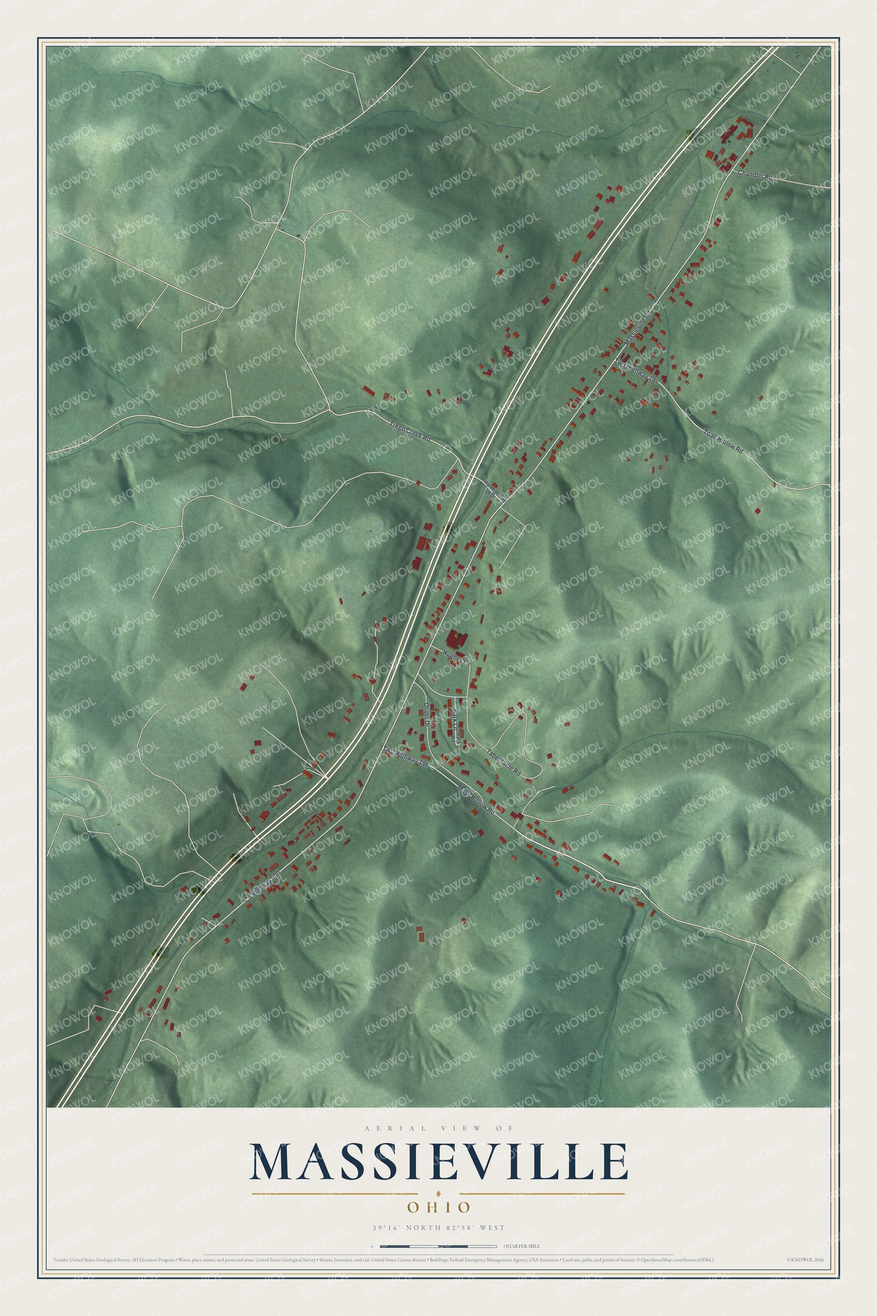 Full map of Massieville, Ohio, with red buildings, printed street names and the land around them