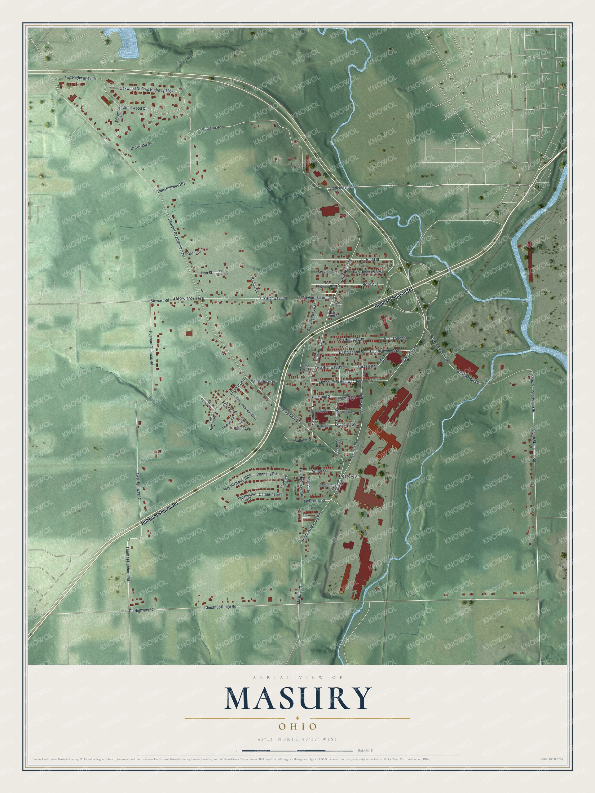 Full map of Masury, Ohio, with red buildings, printed street names and the land around them