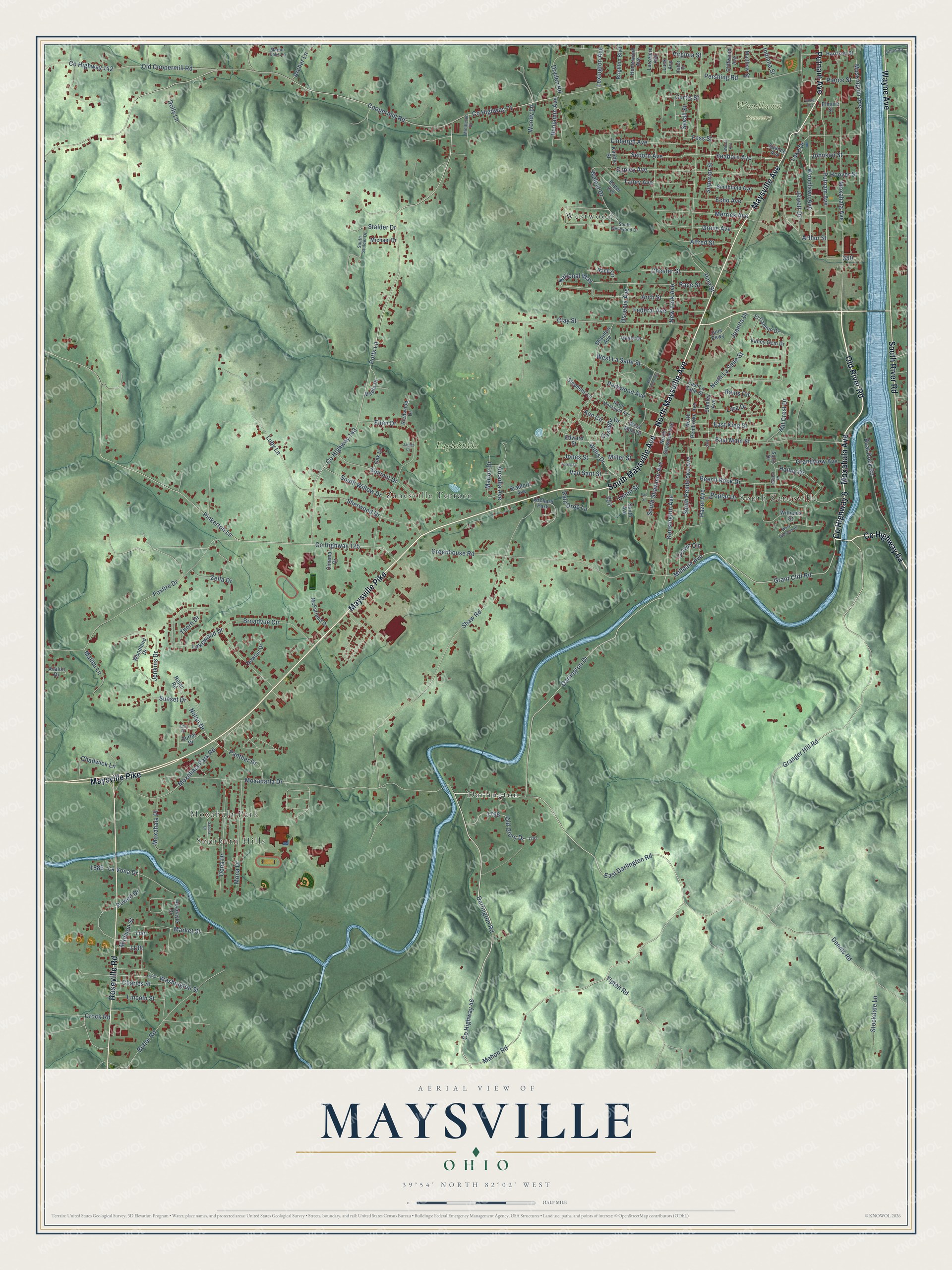 Full map of Maysville, Ohio, with red buildings, printed street names and the land around them