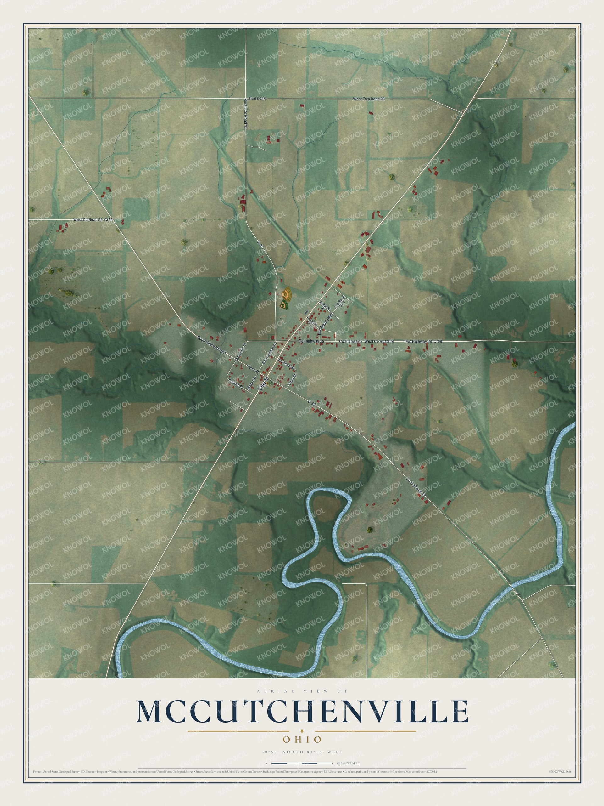 Full map of McCutchenville, Ohio, with red buildings, printed street names and the land around them