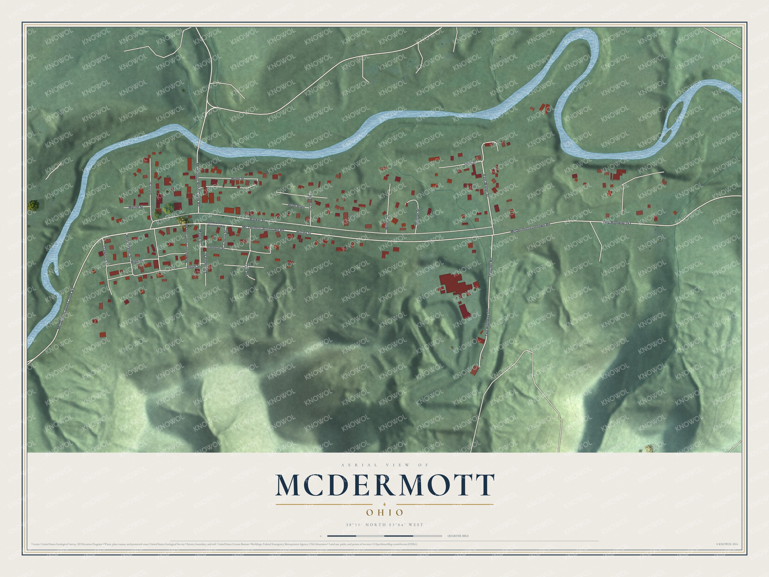 Full map of McDermott, Ohio, with red buildings, printed street names and the land around them