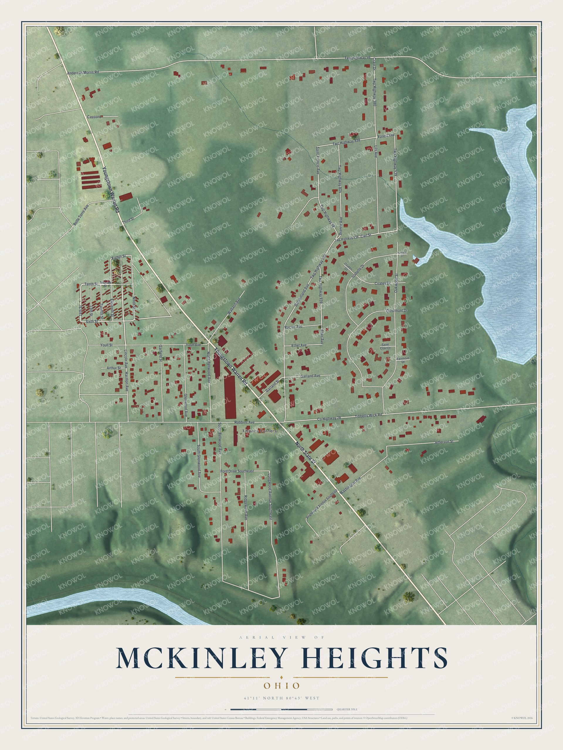 Full map of McKinley Heights, Ohio, with red buildings, printed street names and the land around them