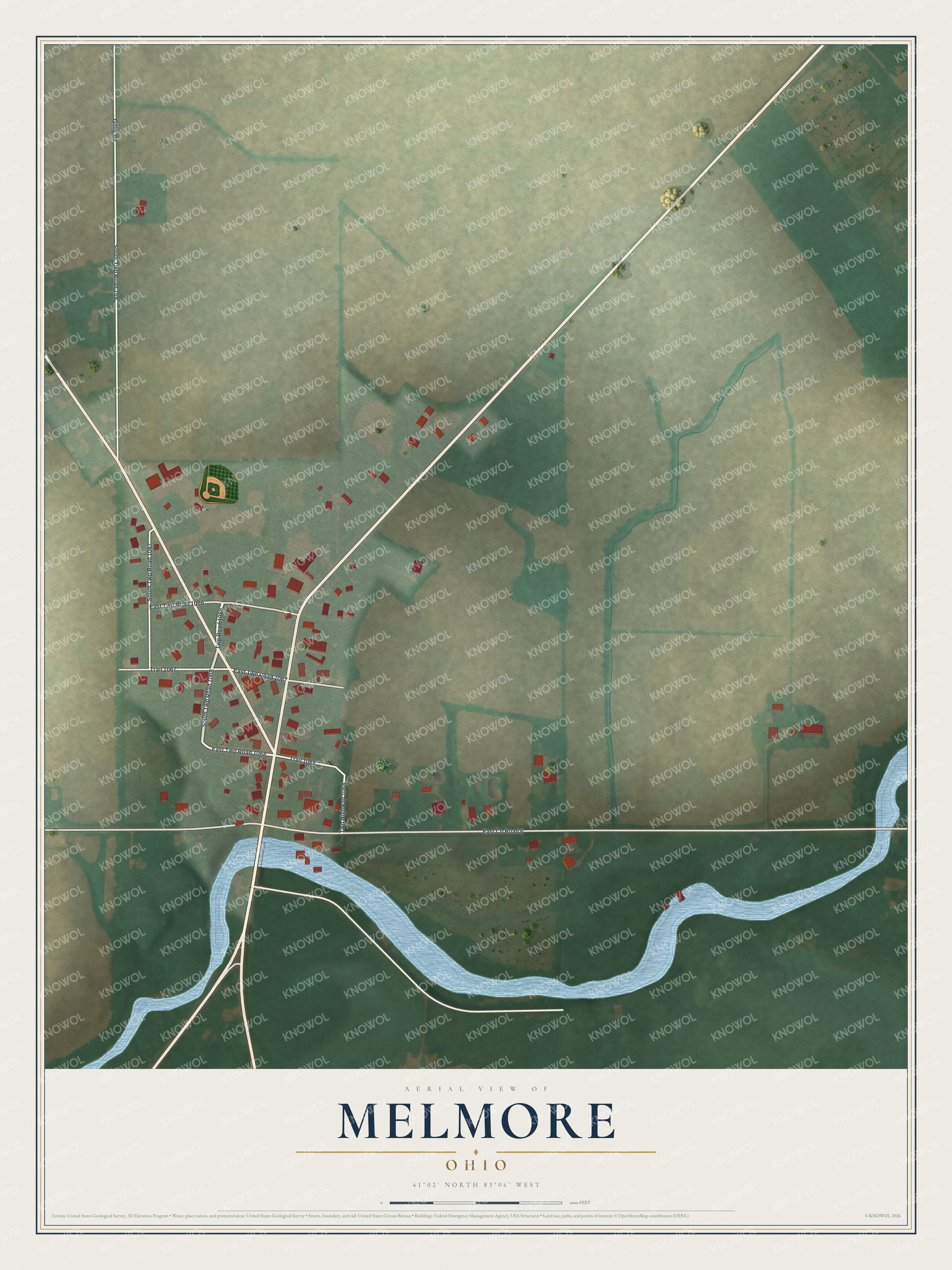 Full map of Melmore, Ohio, with red buildings, printed street names and the land around them