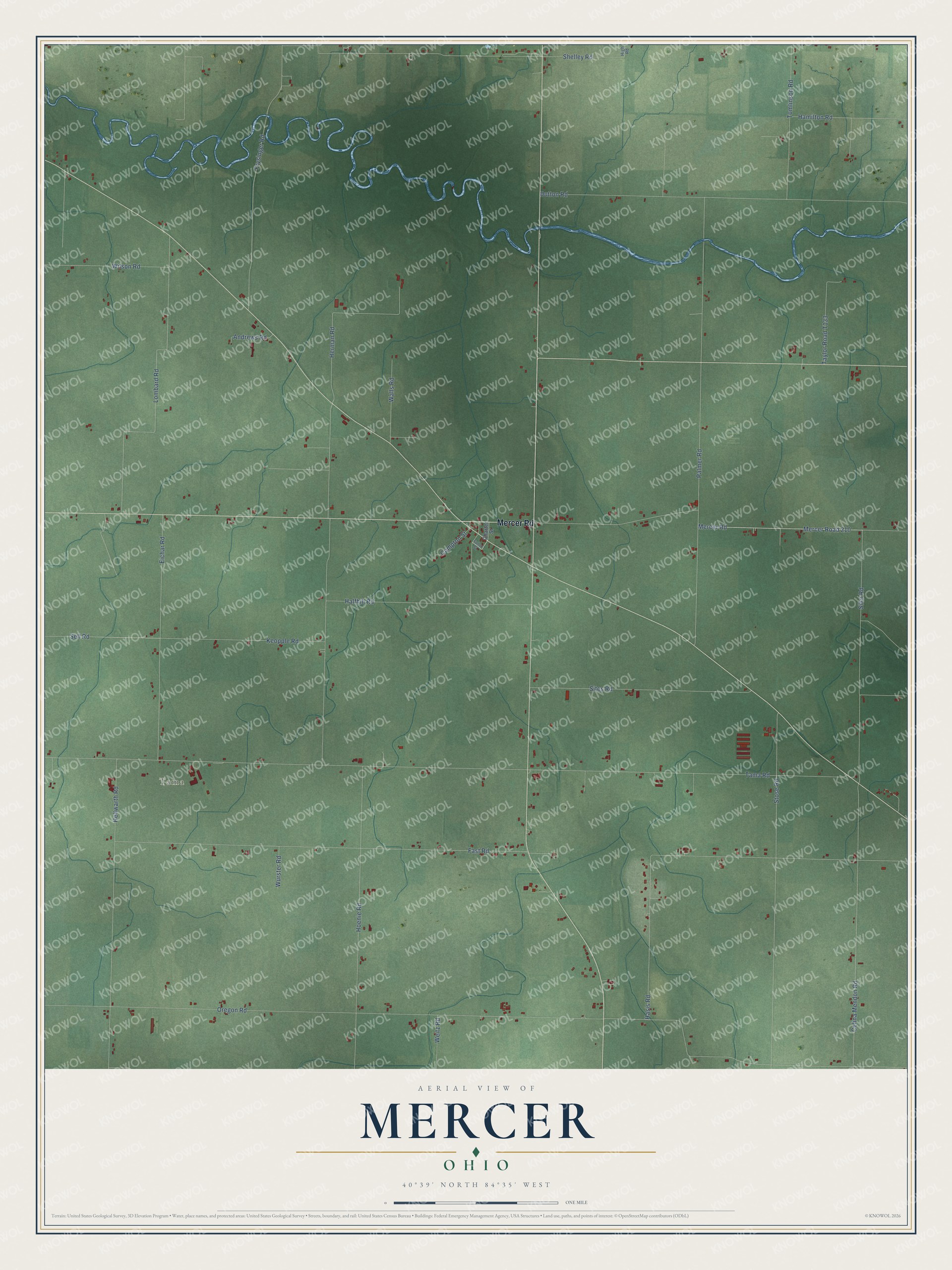 Full map of Mercer, Ohio, with red buildings, printed street names and the land around them