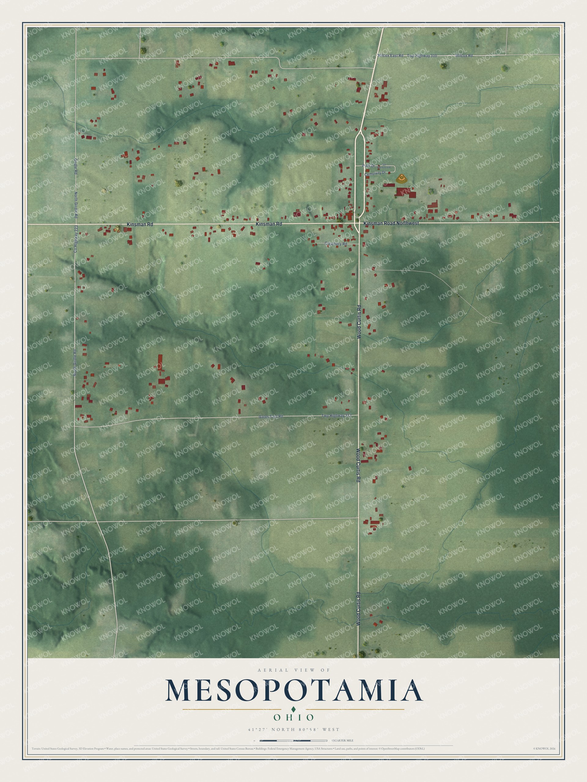 Full map of Mesopotamia, Ohio, with red buildings, printed street names and the land around them