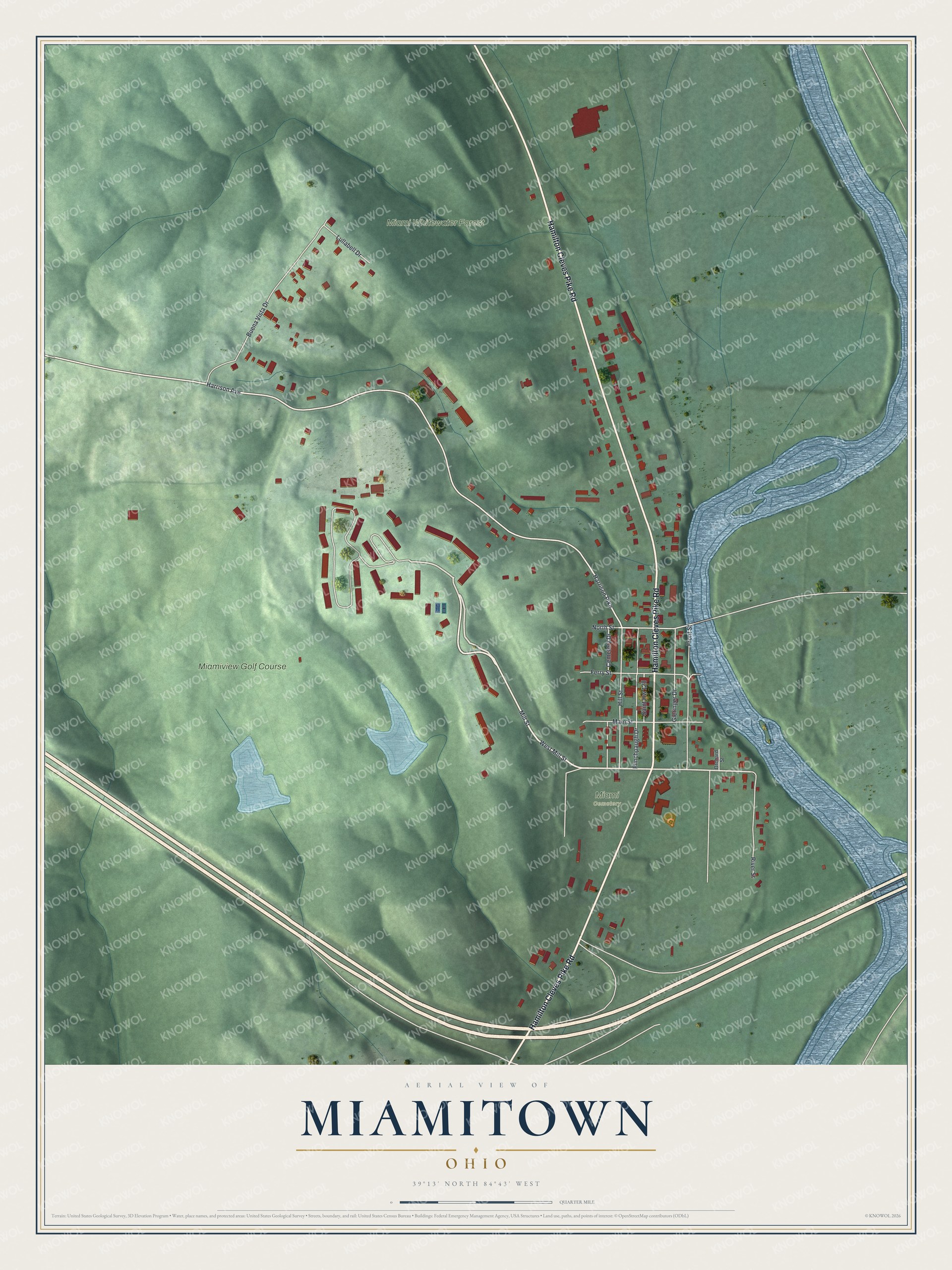 Full map of Miamitown, Ohio, with red buildings, printed street names and the land around them