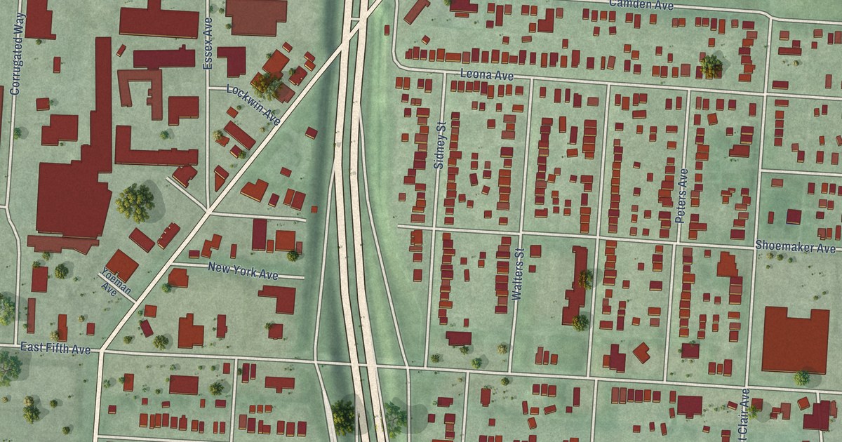 Close-up of streets and buildings in Milo-Grogan, Ohio