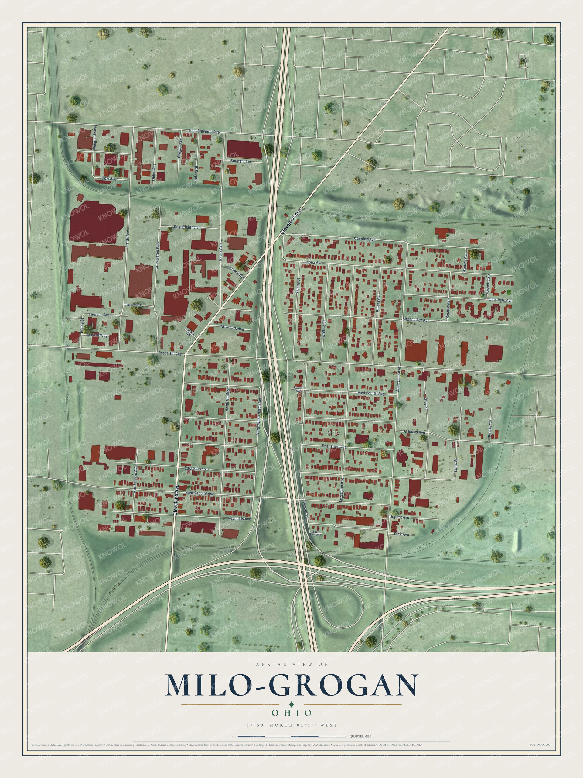 Full map of Milo-Grogan, Ohio, with red buildings, printed street names and the land around them