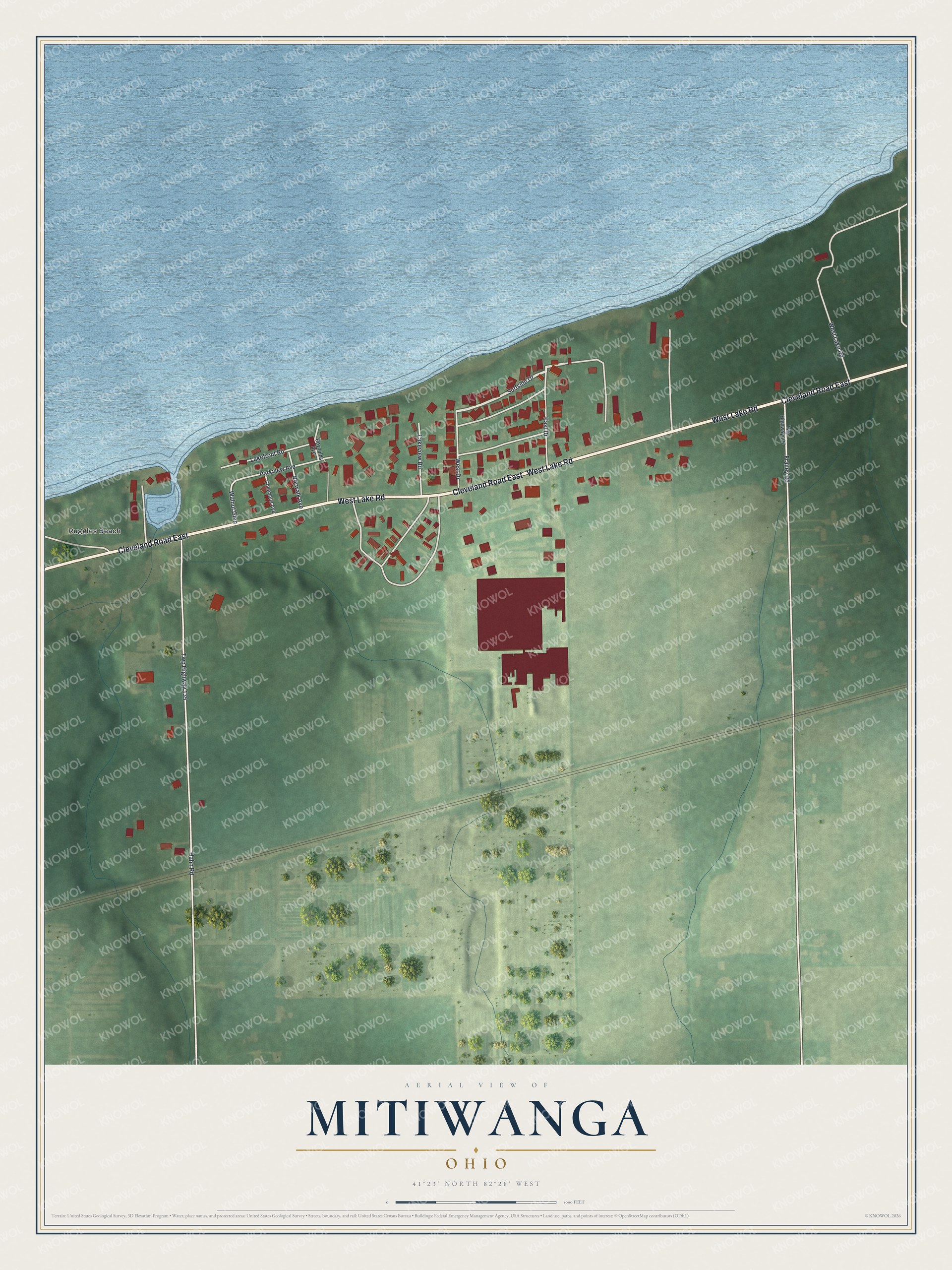 Full map of Mitiwanga, Ohio, with red buildings, printed street names and the land around them