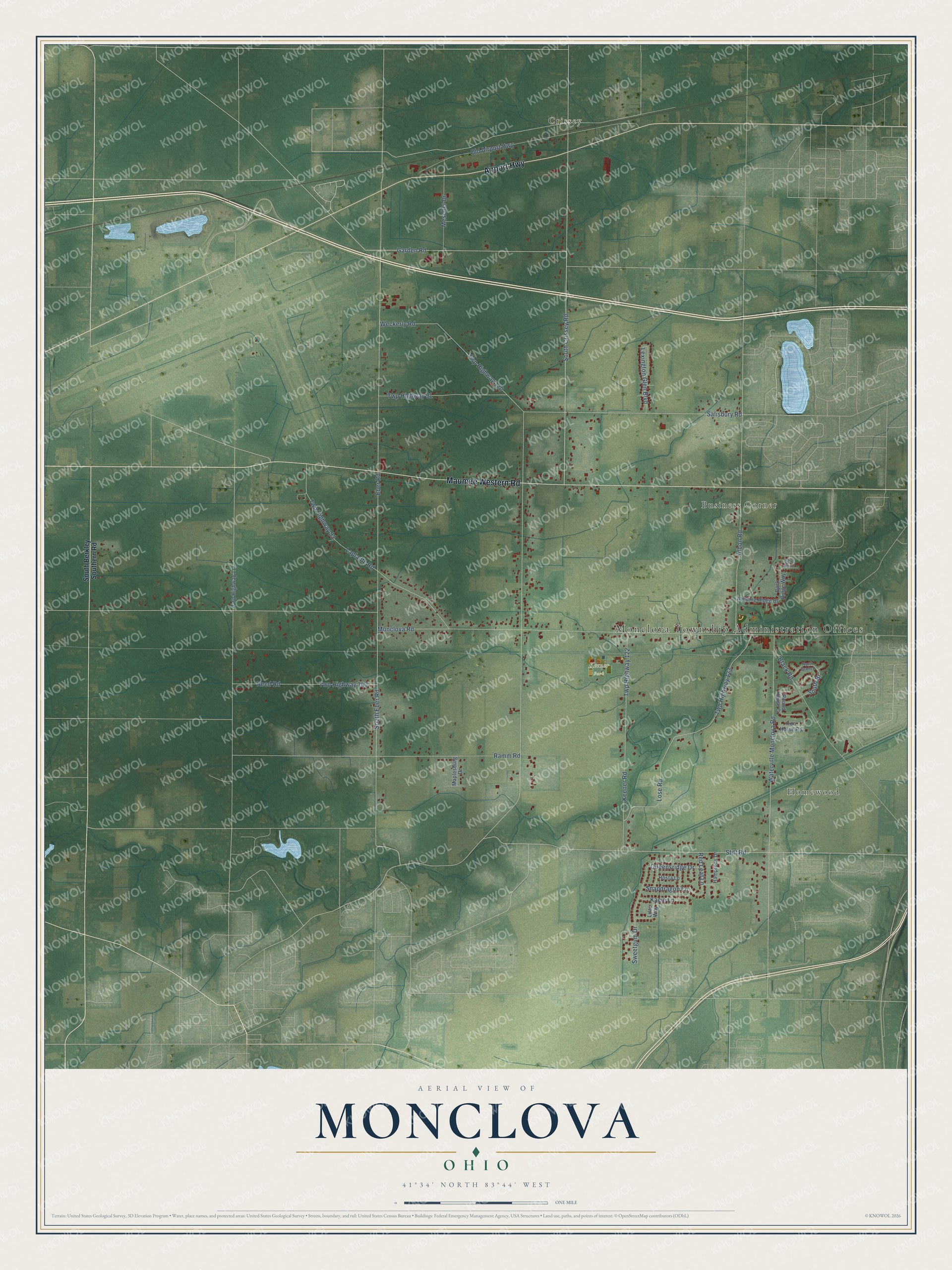 Full map of Monclova, Ohio, with red buildings, printed street names and the land around them