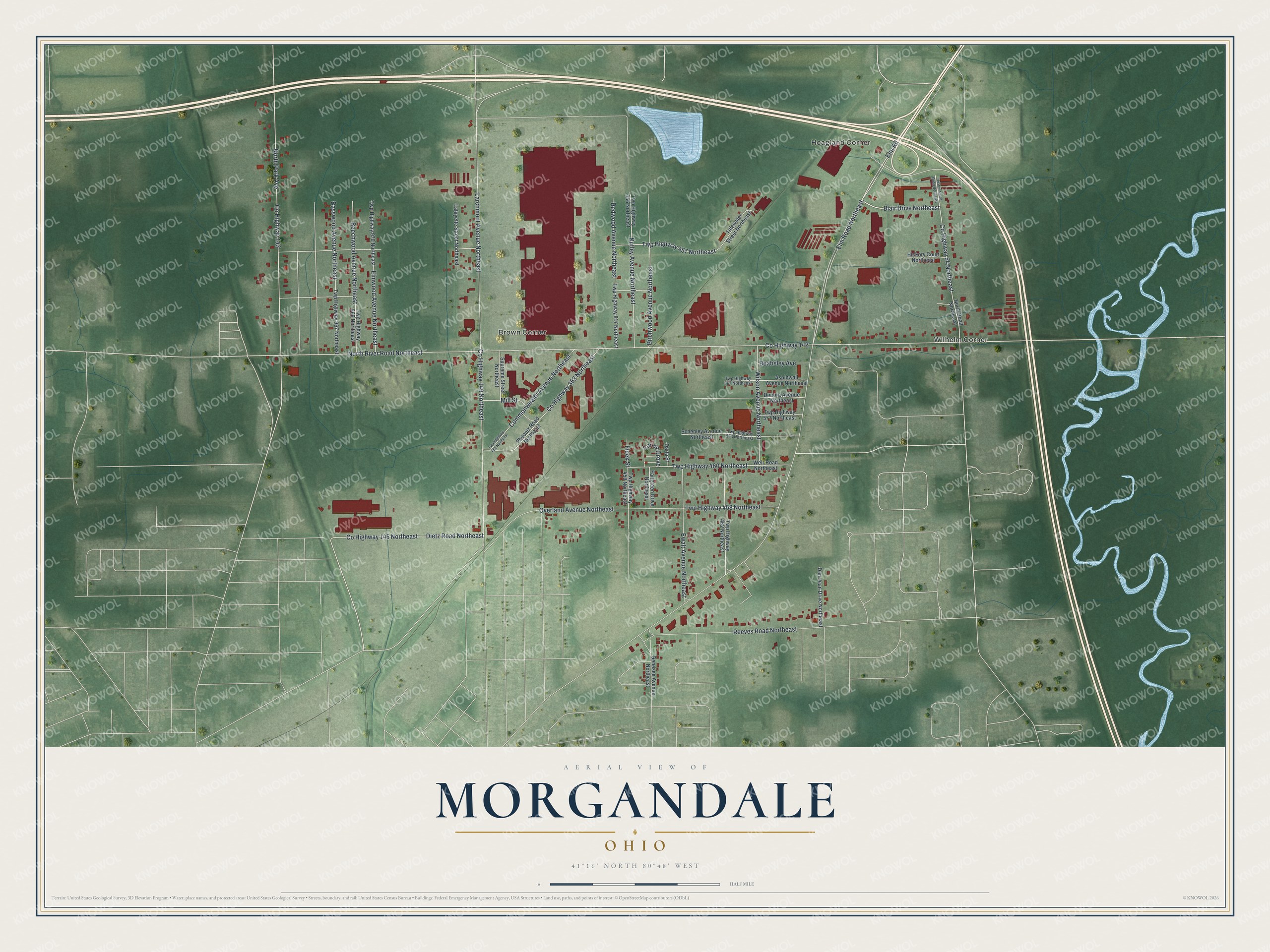 Full map of Morgandale, Ohio, with red buildings, printed street names and the land around them
