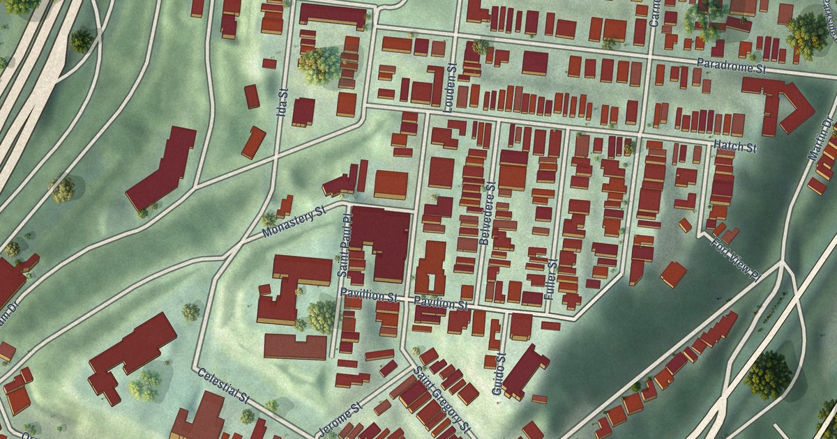 Close-up of streets and buildings in Mount Adams, Ohio