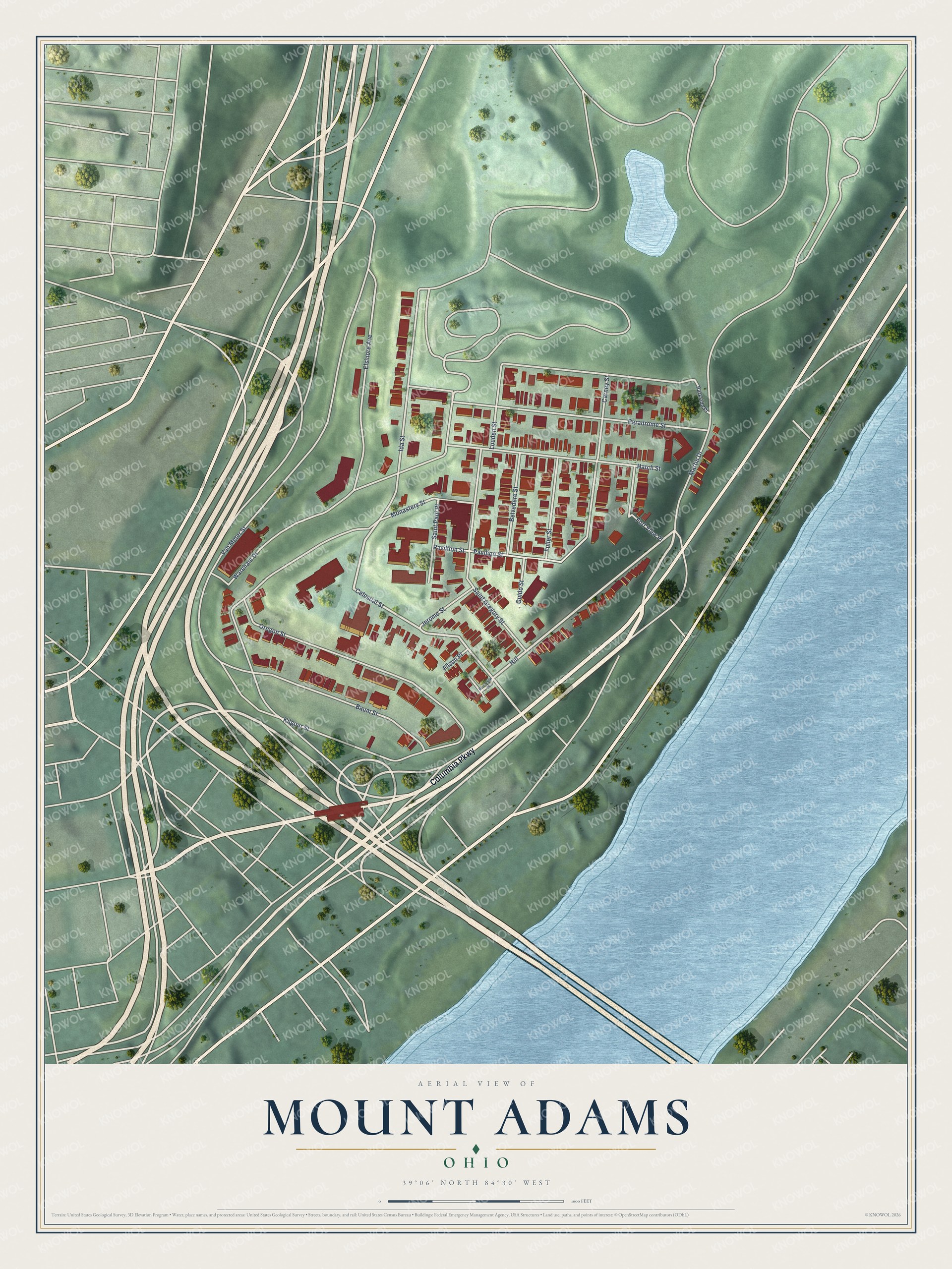Full map of Mount Adams, Ohio, with red buildings, printed street names and the land around them
