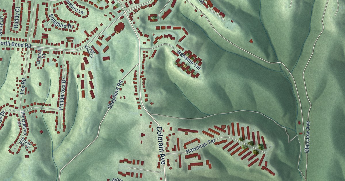 Close-up of streets and buildings in Mount Airy, Ohio