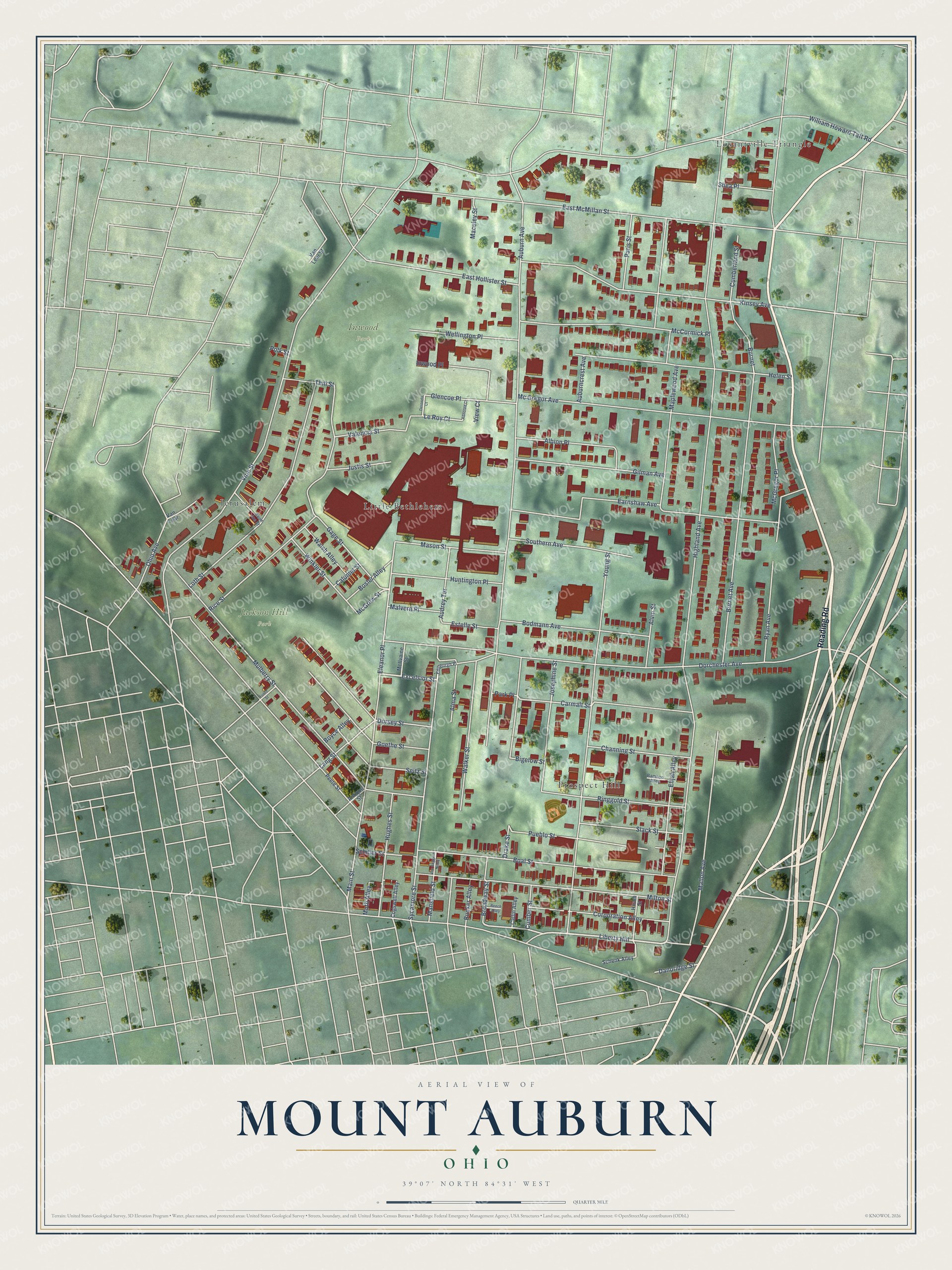 Full map of Mount Auburn, Ohio, with red buildings, printed street names and the land around them
