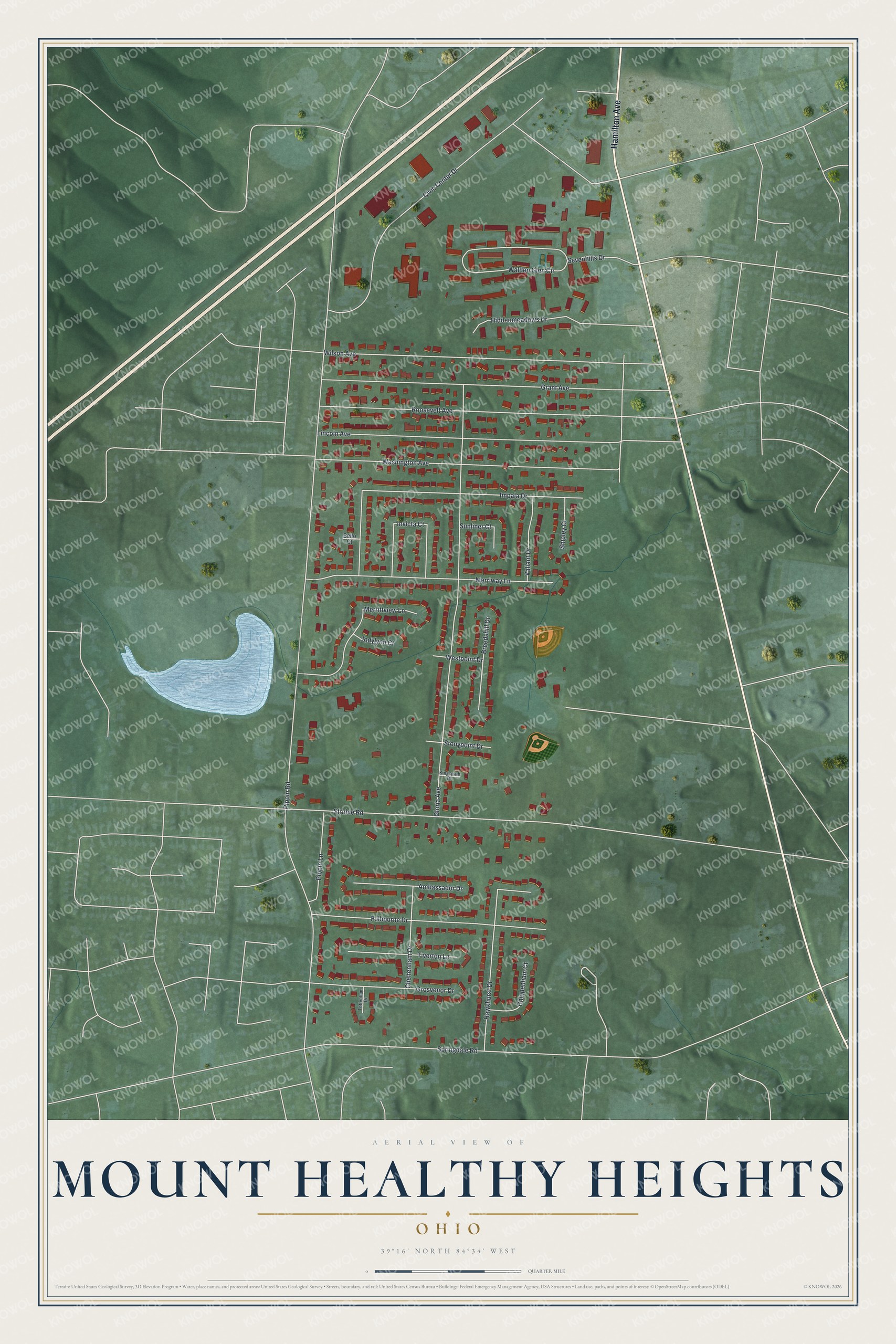 Full map of Mount Healthy Heights, Ohio, with red buildings, printed street names and the land around them