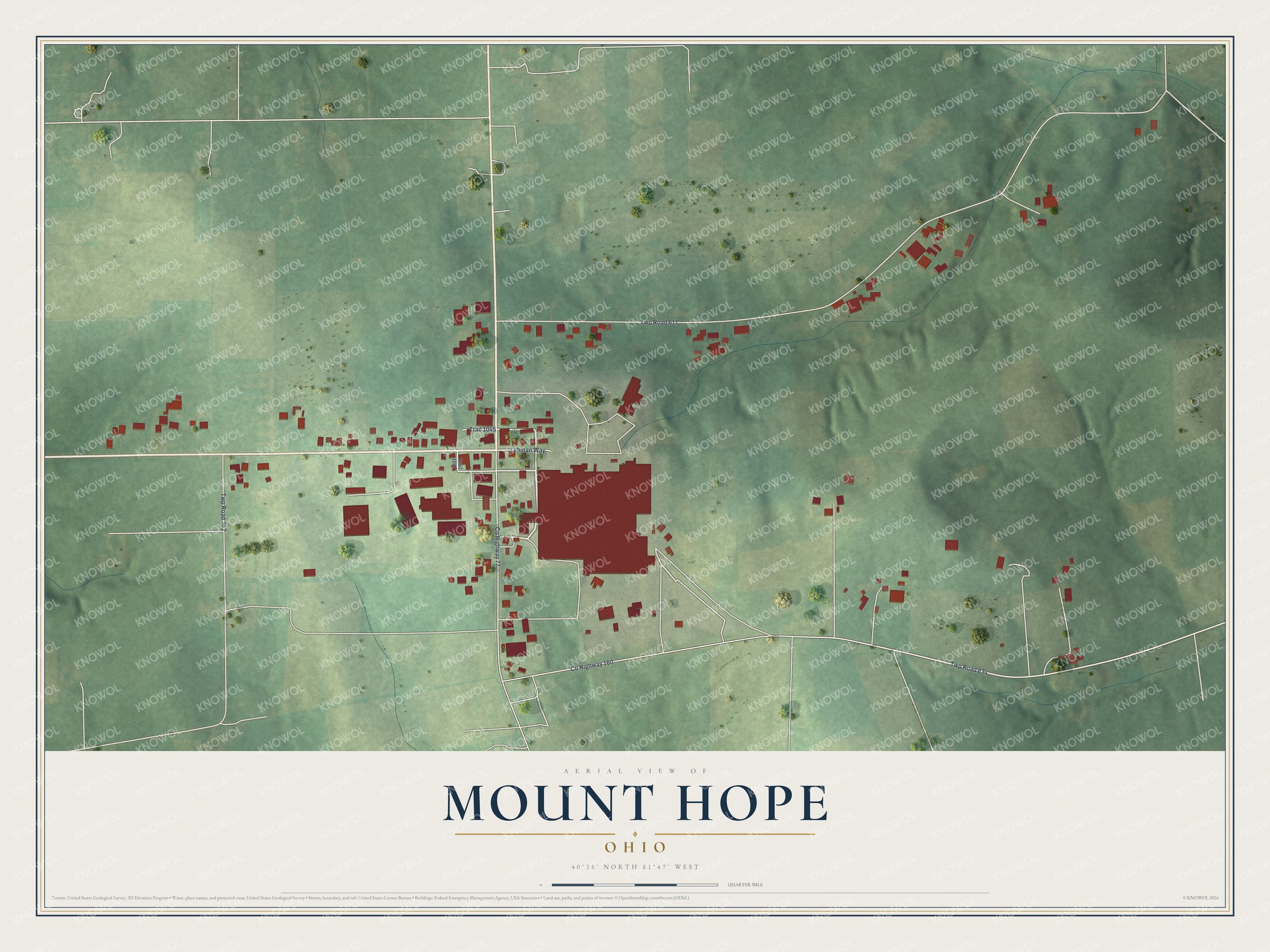 Full map of Mount Hope, Ohio, with red buildings, printed street names and the land around them