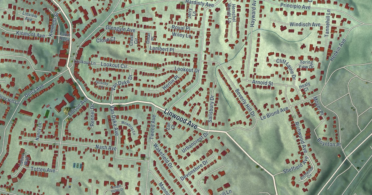 Close-up of streets and buildings in Mount Lookout, Ohio